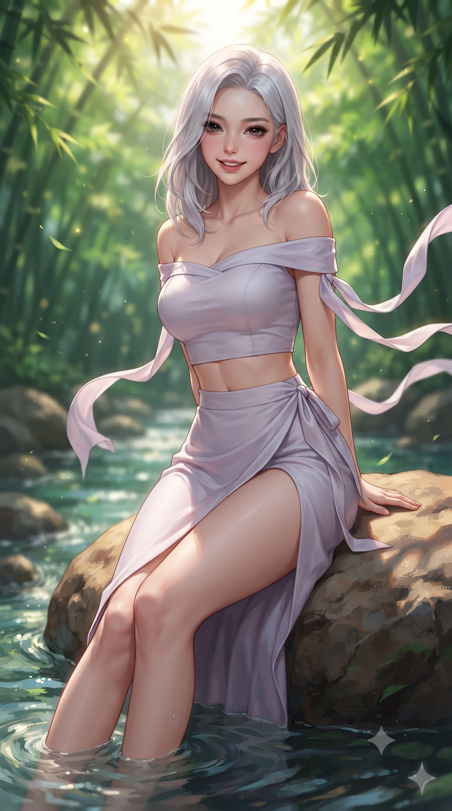 score_9, masterpiece, best quality, ultra-detailed, high-budget anime keyframe, editorial fashion photography, tasteful artistic composition, Korean woman. close-up cowboy shot from the waist and thighs up, the character dominates the composition, filling the frame with her large presence. resting both hands lightly behind her back while leaning toward the lens with a cheerful, teasing grin, her form-fitting fusion dress hugging her narrow waist and hip curve while sitting poised on a sun-warmed river boulder with legs dipping in the cool water, her modern fusion hanbok trailing lightly over the stream. The background shows a soft-focus soaring Damyang green bamboo canopies filtering dappled sunlight and rippling stream currents blurred into emerald, mint, and liquid gold bokeh. She has an exceptionally elegant, slender, and willowy female figure with an ultra-slim waist, flat toned midriff, narrow ribcage, and sculpted feminine hips creating an alluring, slim hourglass silhouette without bulk. sharp v-shaped jawline, high-bridge nose, intricate jewel-like dark sparkling almond eyes with depth, thick lashes, glossy parted lips with a natural rose-plum sheen, bright alluring and coquettish smile with bedroom-eyes, exuding both timeless oriental elegance and sovereign high-fashion allure, flawlessly proportioned anatomical accuracy, strict slender model proportions, natural body alignment, perfectly sculpted long slender limbs, ultra-slim waistline, clean dynamic posture without body distortion. wearing a modern two-piece fusion set with an off-shoulder crop blouse and high-slit wrap skirt tracing her curvaceous hips in frosted lilac mist and pearlescent alabaster, tailored from fine crisp cotton-linen with clean structural lines, accented with flowing gossamer silk ribbons that flutter dynamically in the evening breeze, the form-fitting tailored bodice adhering flawlessly to her sculpted flat midriff and slender torso, emphasizing her long leg lines and perfectly proportioned willowy build. bathed in dappled golden morning sunbeams filtering through dense green bamboo leaves. ultra-reflective glossy finish, specular highlights, rich textural contrasts, high-contrast stereoscopic depth, volumetric dynamic lighting, 2k, ultra detail, master piece, 9:16 ratio