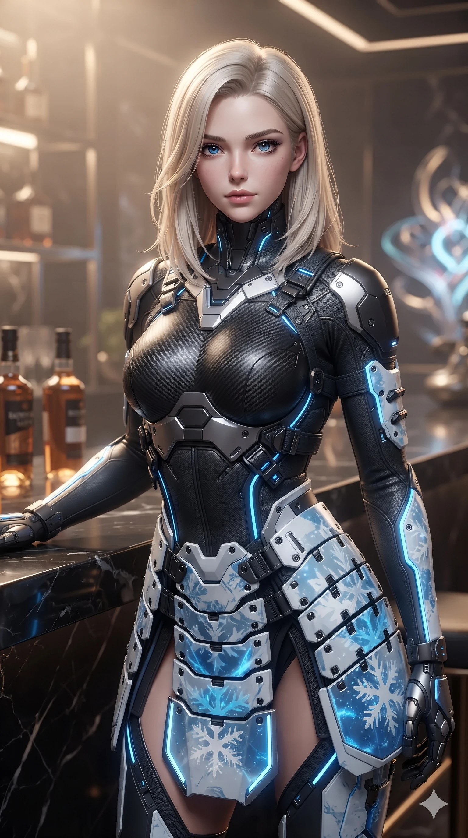 score_9, masterpiece, best quality, ultra-detailed, high-budget anime keyframe, editorial fashion photography, tasteful artistic composition, Caucasian woman. close-up cowboy shot from the waist and thighs up, the character dominates the composition, filling the frame with her large presence. posing in an alluring rear three-quarter angle, looking over a bare shoulder with heavy-lidded sparkling eyes, her hips cocked back to highlight her slim hourglass curve while leaning over the black marble bar with hips cocked back, looking through a holographic cocktail glass with heavy-lidded seductive bedroom-eyes. The background shows a soft-focus champagne ambient haze softened in suspended VIP pavilion shallow focus. She has an exceptionally elegant, slender, and willowy female figure with an ultra-slim waist, flat toned midriff, narrow ribcage, and sculpted feminine hips creating an alluring, slim hourglass silhouette without bulk. sharp v-shaped jawline, high-bridge nose, intricate jewel-like sparkling eyes with depth, thick eyelashes, glossy parted lips with a natural sheen, bright confident smile with an enchanting and coquettish sensual glint, exuding both youthful magnetic charm and sovereign high-tech allure, flawlessly proportioned anatomical accuracy, strict slender model proportions, natural body alignment, perfectly sculpted long slender limbs, ultra-slim waistline, clean dynamic posture without body distortion. wearing a cyber-samurai tactical suit featuring a shortened carbon chestplate and high-slit armored wrap skirt in arctic snowflake white and electric plasma blue, featuring strategic sheer-illusion tulle side panels framing her ribcage and hips, accented with an open-back drape framed by falling strands of delicate chrome chains, the impeccably tailored cut draping gracefully along her slender figure with aristocratic poise. bathed in the dazzling panoramic ambient glow of the multi-tiered neon metropolis filtered through panoramic glass. ultra-reflective glossy finish, specular highlights, rich textural contrasts, high-contrast stereoscopic depth, volumetric dynamic lighting, 2k, ultra detail, master piece, 9:16 ratio