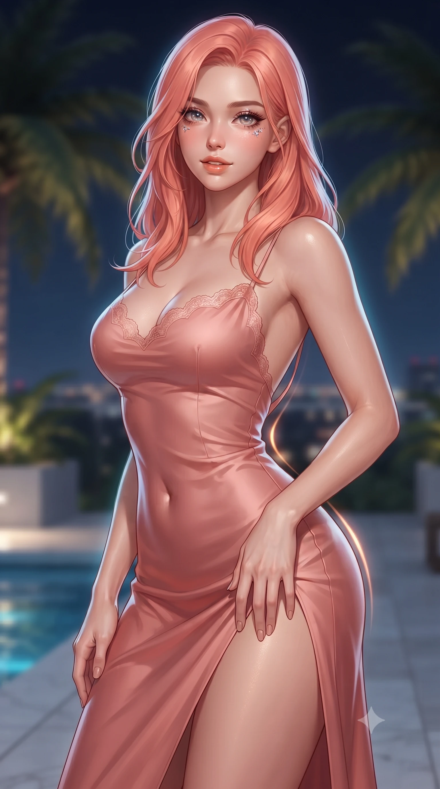score_9, masterpiece, best quality, ultra-detailed, high-budget anime keyframe, editorial fashion photography, tasteful artistic composition, Japanese woman. close-up cowboy shot from the waist and thighs up, the character dominates the composition, filling the frame with her large presence. tilting her head with a teasing half-smile, running one hand slowly down the side of her hip in a flirtatious S-curve as ambient light caresses her silhouette while twisting her slender torso in an alluring contrapposto stance on the white granite deck, glowing city highway lights and lasers tracing her narrow waist and hips. The background shows a soft-focus palm fronds of the sky garden softened in billionaire sky park shallow focus. She has an exceptionally elegant, slender, and willowy female figure with an ultra-slim waist, flat toned midriff, narrow ribcage, and sculpted feminine hips creating an alluring, slim hourglass silhouette without bulk. sharp v-shaped jawline, high-bridge nose, intricate jewel-like sparkling eyes with depth, thick eyelashes, glossy parted lips with a natural peach sheen, bright cheerful beaming smile with an enchanting and coquettish sensual glint, exuding both youthful cute charm and seductive allure, flawlessly proportioned anatomical accuracy, strict slender model proportions, natural body alignment, perfectly sculpted long slender limbs, ultra-slim waistline, clean dynamic posture without body distortion. wearing a form-contouring gossamer silk chiffon slip dress with a hip-high slit and open cowl back clinging with dewy moisture in Grasse centifolia rose petal blush and burnished copper, made of fluid liquid jersey with seamless sculpting hold and smooth contours, finished with scalloped eyelash lace trim framing her sweetheart neckline with intimate elegance, the second-skin tailored fabric adhering flawlessly to her sculpted flat midriff and slender torso, emphasizing her long leg lines and perfectly proportioned willowy build. illuminated by bay water reflection bounce and sharp platinum-cyan rim lights sculpting her razor-sharp jawline, narrow waist, and curvy hips. ultra-reflective glossy finish, specular highlights, rich textural contrasts, high-contrast stereoscopic depth, volumetric dynamic lighting, 2k, ultra detail, master piece, 9:16 ratio