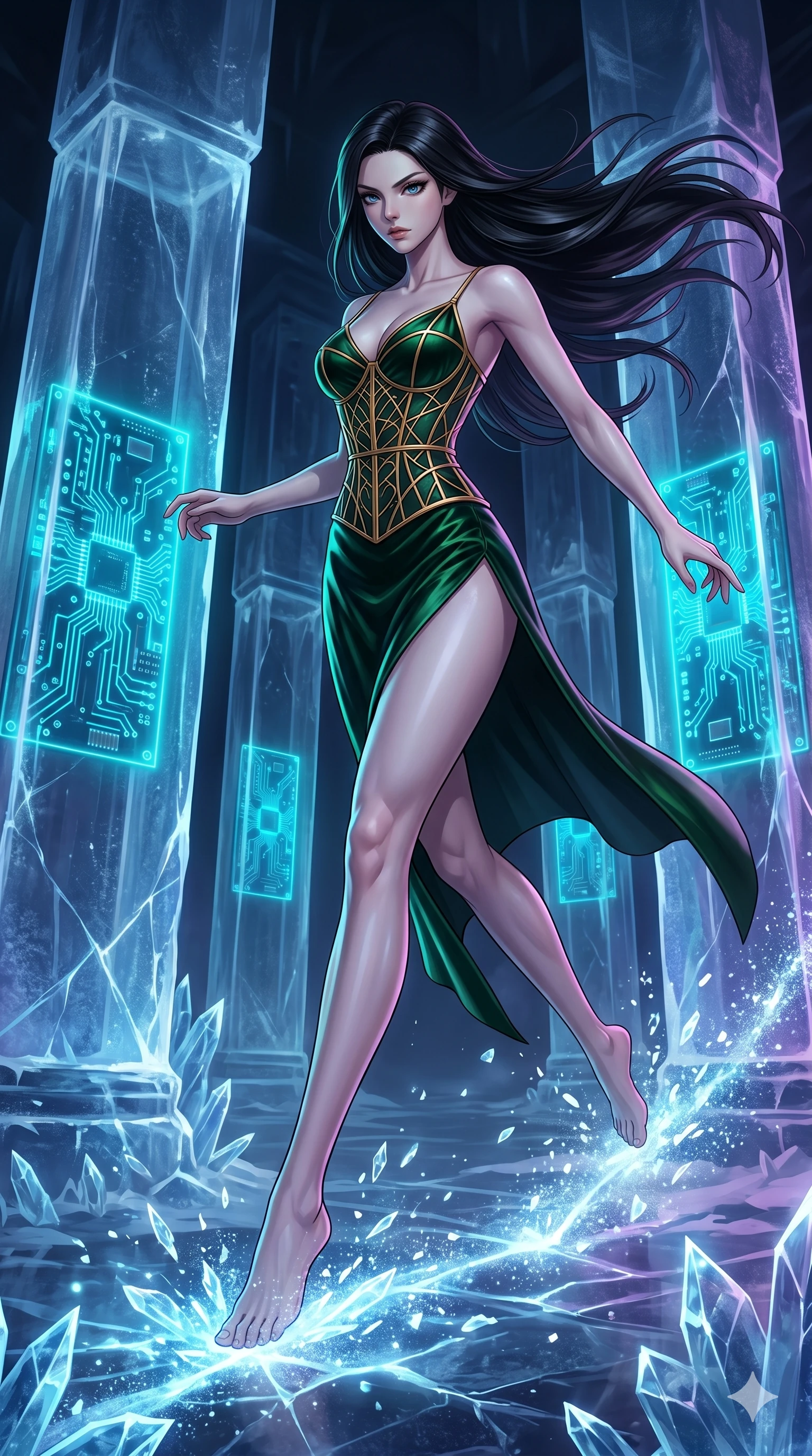 score_9, masterpiece, best quality, ultra-detailed, high-budget anime keyframe, Caucasian woman, strictly human ears. low angle full-body shot filling the entire 9:16 frame with her statuesque presence, stretching the vertical silhouette. leaping inside a sub-zero cybernetic ice temple, where glowing neon cyan computer circuit boards are frozen within transparent ice pillars, fracturing ice crystals into sparkles around her. She has an absolutely perfect 8-heads proportion, an exceptionally tall and slender female figure with impossibly long slender legs and an ultra-slim waist. V-shaped jawline, high-bridge nose, intricate jewel-like eyes with depth, thick eyelashes, glossy lips with a natural sheen.. wearing a mathematical gold wire cage corset and an emerald green silk velvet slip dress with a thigh-high side slit. accented by dynamic color-blocked lighting with high-contrast shadows emphasizing her statuesque height. 2k, ultra detail, master piece, 9:16 ratio
