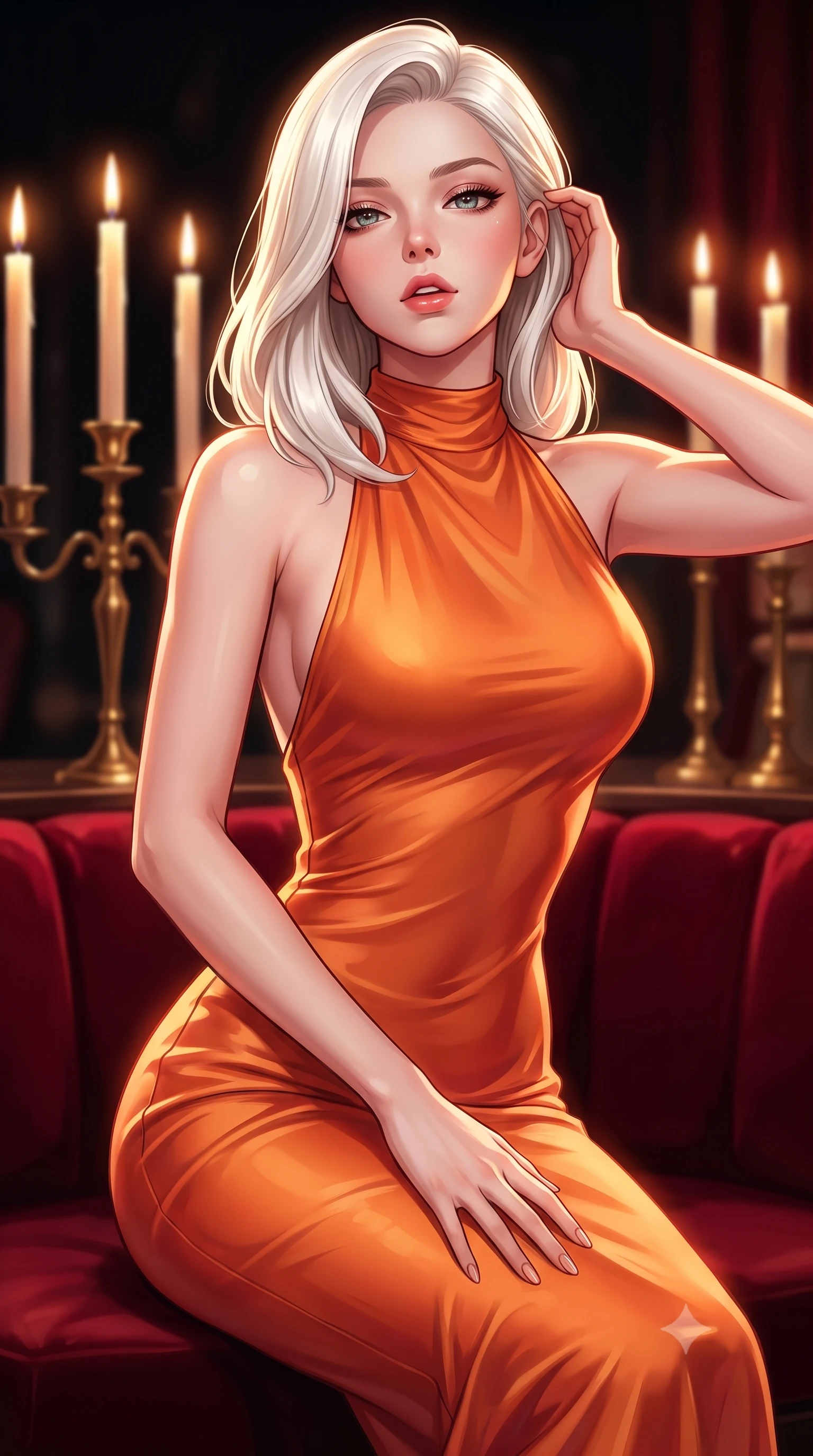 score_9, masterpiece, best quality, ultra-detailed, high-budget anime keyframe, editorial fashion photography, tasteful artistic composition, Caucasian woman. close-up cowboy shot from the waist and thighs up, the character dominates the composition, filling the frame with her large presence, background elements kept in soft focus. tilting her chin up slightly with lips parted in a composed, provocative expression the background shows a soft-focus a dark romantic dining nook with tall brass candlesticks and red velvet seating. She has an exceptionally elegant, slender, and willowy female figure with an ultra-slim waist, a gracefully sculpted slender torso, and a refined silhouette. sharp v-shaped jawline, high-bridge nose, intricate jewel-like eyes with depth, thick eyelashes, glossy lips with a natural sheen. wearing a tailored form-fitting liquid silk halter-neck maxi dress in sunset orange, draped elegantly to highlight her slender frame. intimate candlelight casting warm, glowing highlights on her skin. highly saturated vibrant anime colors, detailed shading with soft gradients, rich glossy textures, high-contrast stereoscopic depth, volumetric dynamic lighting, master piece, 9:16 ratio