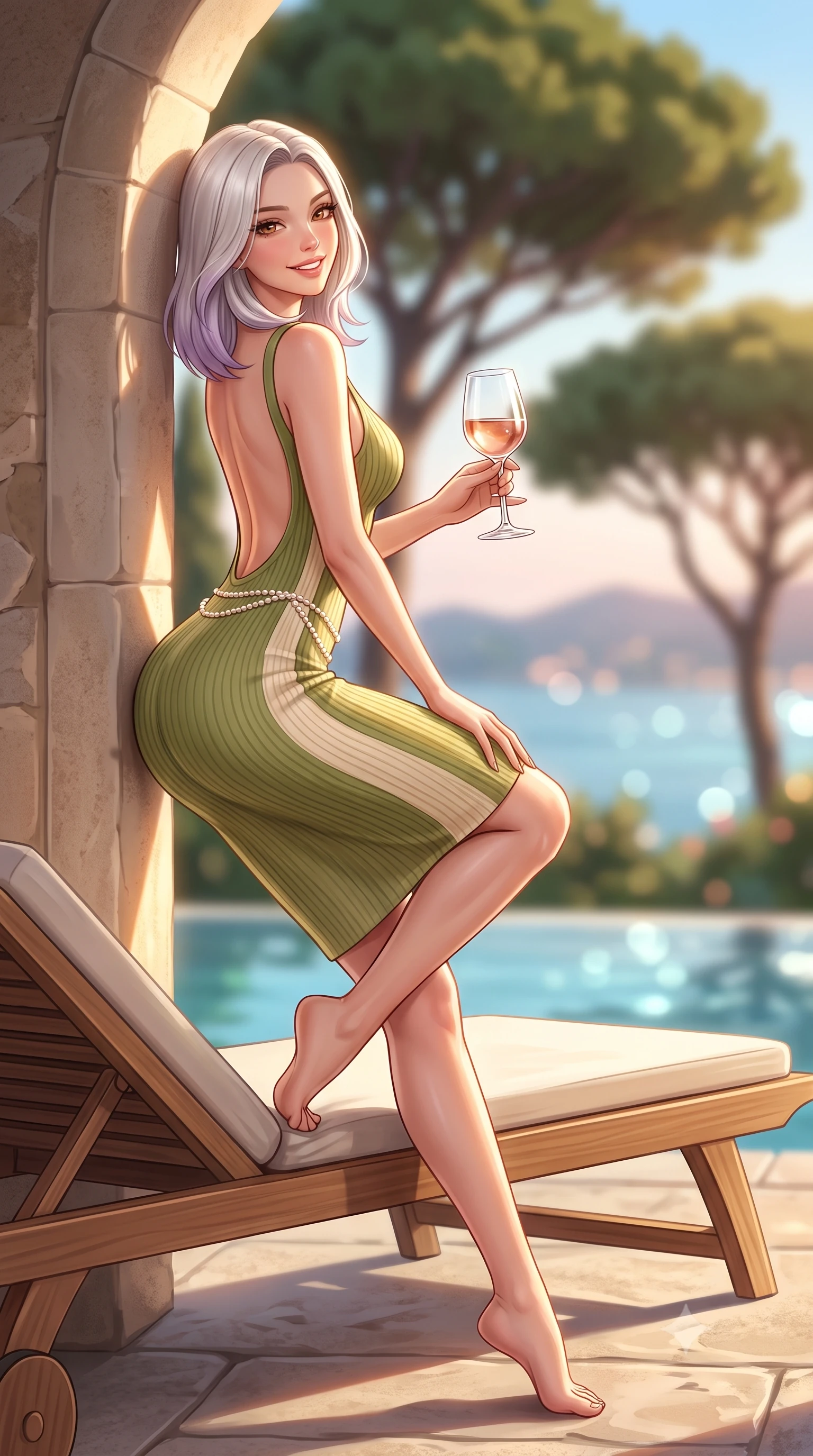 score_9, masterpiece, best quality, ultra-detailed, high-budget anime keyframe, semi-realistic 3D game render, editorial fashion photography, tasteful artistic composition, Caucasian woman. low angle full-body shot from head to toe showing her feet, filling the entire 9:16 vertical frame with her statuesque presence, stretching her vertical silhouette. leaning deep against the sunlit villa archway with hips cocked back in a cute yet unapologetically alluring high-fashion stance, flashing a warm beaming smile while sitting gracefully on the edge of a teak sun lounger with legs crossed, holding a crystal glass of Provence rosé with effortless high-society charm. The composition keeps background elements in soft focus with dreamy creamy bokeh. silhouetted umbrella pine canopies and the glistening Saint-Tropez gulf blurred into sage green, rose-gold, and azure bokeh. She has an exceptionally tall and slender model-like 8.5-heads proportion, an ultra-slim waist, a flat toned midriff, narrow delicate ribcage, and beautifully sculpted feminine hips creating a graceful, slim hourglass silhouette without any bulky heaviness, with impossibly long slender legs. sharp v-shaped jawline, high-bridge nose, sparkling amber-hazel eyes with depth, long lush eyelashes, glossy sun-kissed lips with a warm coral glaze, radiant teasing smile with sensual sunlit bedroom-eyes, exuding effortless old-money elegance and intoxicating sun-drenched allure, flawlessly proportioned anatomical accuracy, strict slender model proportions, natural body alignment, perfectly sculpted long slender limbs, ultra-slim waistline, clean dynamic posture without body distortion. wearing a form-contouring ribbed knit bodycon resort dress with an open-back scoop descending to the base of her spine in matcha olive green and warm vanilla cream, crafted from fine lightweight breathable linen with an effortless natural drape, accented with a dainty pearl waist chain catching the ambient golden hour sunlight, the glove-like silhouette tightly following the natural contour of her hips and long slender legs with youthful 8.5-heads elegance. illuminated by pool bounce light and sharp champagne rim lighting sculpting her razor-sharp jawline, narrow waist, and curvy hips. highly saturated vibrant anime colors, detailed shading with soft gradients, rich glossy textures, high-contrast stereoscopic depth, volumetric dynamic lighting, master piece, 9:16 ratio