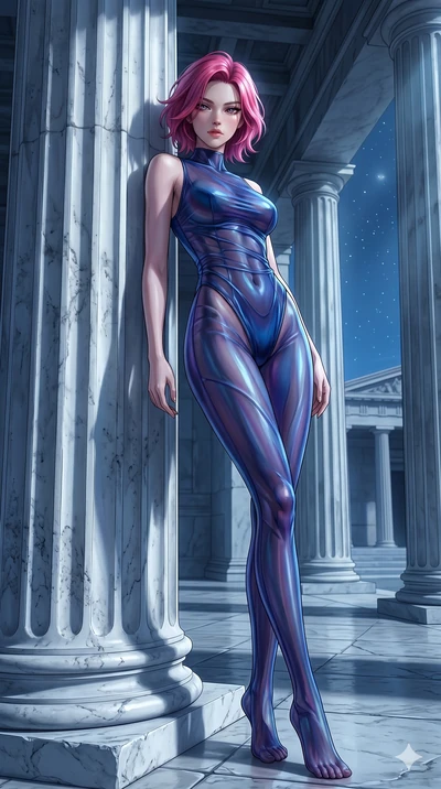 score_9, masterpiece, best quality, ultra-detailed, High-budget Anime Keyframe, East Asian woman. Low angle cowboy shot filling the entire 9:16 frame with her statuesque presence. Scenario 153: Leaning against a cold marble pillar in a moonlit greek 
