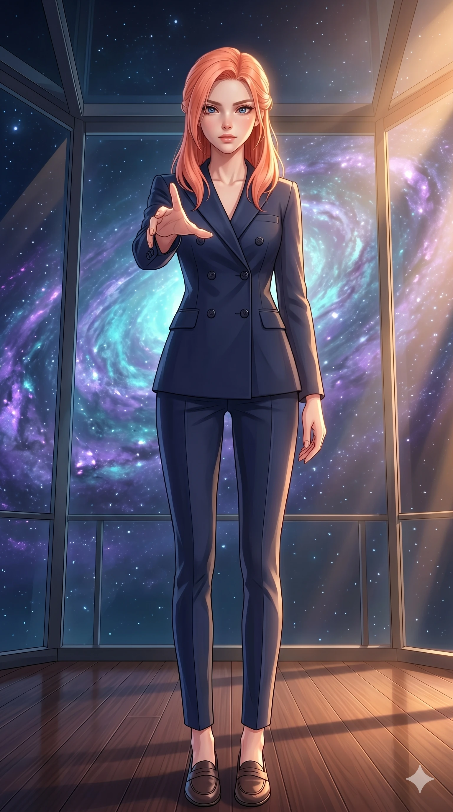 score_9, masterpiece, best quality, ultra-detailed, high-budget anime keyframe, editorial fashion photography, tasteful artistic composition, Japanese woman. low angle full-body shot from head to toe showing her feet, filling the entire 9:16 vertical frame with her statuesque presence, stretching her vertical silhouette. reaching one hand toward the viewer with relaxed elegance, her eyes filled with quiet magnetic intensity in a private glass observatory overlooking a swirling violet-cyan galaxy (Code-P18-002). She has an absolutely perfect 8-heads proportion, an exceptionally tall and slender female figure with impossibly long slender legs and an ultra-slim waist. V-shaped jawline, high-bridge nose, intricate jewel-like eyes with depth, thick eyelashes, glossy lips with a natural sheen. wearing a tailored double-breasted blazer with smart matching trousers. bathed in warm, golden afternoon sunbeams creating soft specular highlights on her smooth skin. 2k, ultra detail, master piece, 9:16 ratio