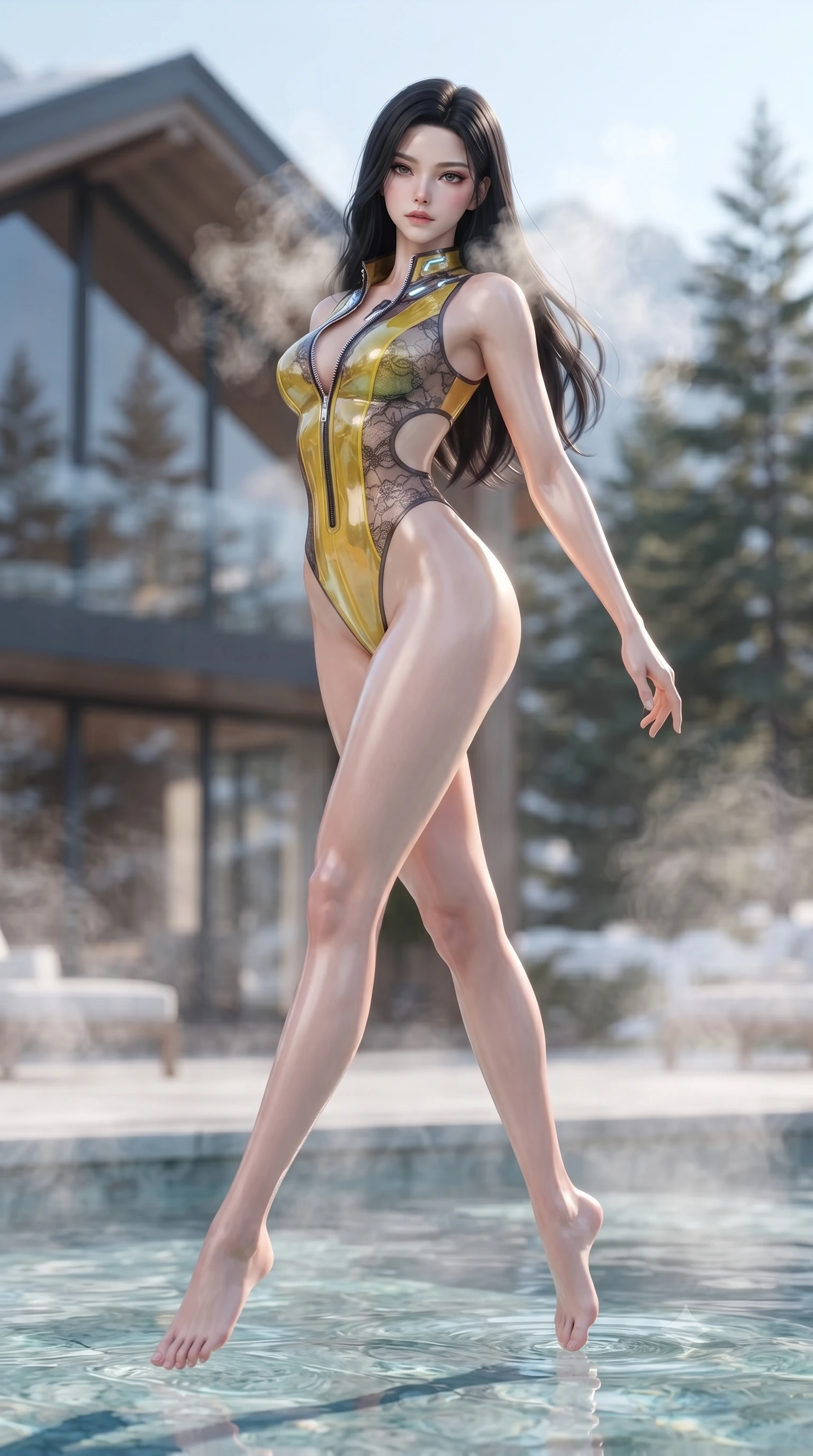 score_9, masterpiece, best quality, ultra-detailed, high-budget anime keyframe, editorial fashion photography, tasteful artistic composition, Korean woman. low angle full-body shot from head to toe showing her feet, filling the entire 9:16 vertical frame with her statuesque presence, stretching her vertical silhouette. leaping through mid-air with an athletic yet alluring arch of her spine, her impossibly long slender legs stretched in flawless poise while standing waist-deep in clear thermal water as hot steam clouds swirl around her shoulders in the crisp mountain air. The composition keeps background elements in soft focus with creamy bokeh. modern glass chalet architecture and pine trees softened in clean shallow depth of field. She has an absolutely perfect, statuesque 8.5-heads proportion, an exceptionally tall and slender model-like female figure with impossibly long slender legs, a toned flat midriff, and an ultra-slim waist. sharp v-shaped jawline, high-bridge nose, intricate jewel-like eyes with depth, thick eyelashes, glossy lips with a natural sheen, flawlessly proportioned anatomical accuracy, strict slender model proportions, natural body alignment, perfectly sculpted long slender limbs, ultra-slim waistline, clean dynamic posture without body distortion. wearing a high-cut translucent vinyl leotard with front paneling, exposed side-rib cutouts, and an open back in vibrant sunburst canary yellow and gold trim, crafted from delicate dark lace interwoven with luminescent micro-fibers, featuring a dangerously unzipped neckline framed by glowing cybernetic accents, the form-contouring material adhering flawlessly to her sculpted flat midriff and slender torso, emphasizing her long leg lines and perfectly proportioned willowy build. surrounded by a cozy, exclusive, and intensely alluring alpine luxury wellness aura. ultra-reflective glossy finish, specular highlights, metallic sheen, high-contrast stereoscopic depth, volumetric dynamic lighting, 2k, ultra detail, master piece, 9:16 ratio