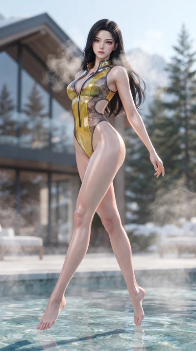score_9, masterpiece, best quality, ultra-detailed, high-budget anime keyframe, editorial fashion photography, tasteful artistic composition, Korean woman. low angle full-body shot from head to toe showing her feet, filling the entire 9:16 vertical f