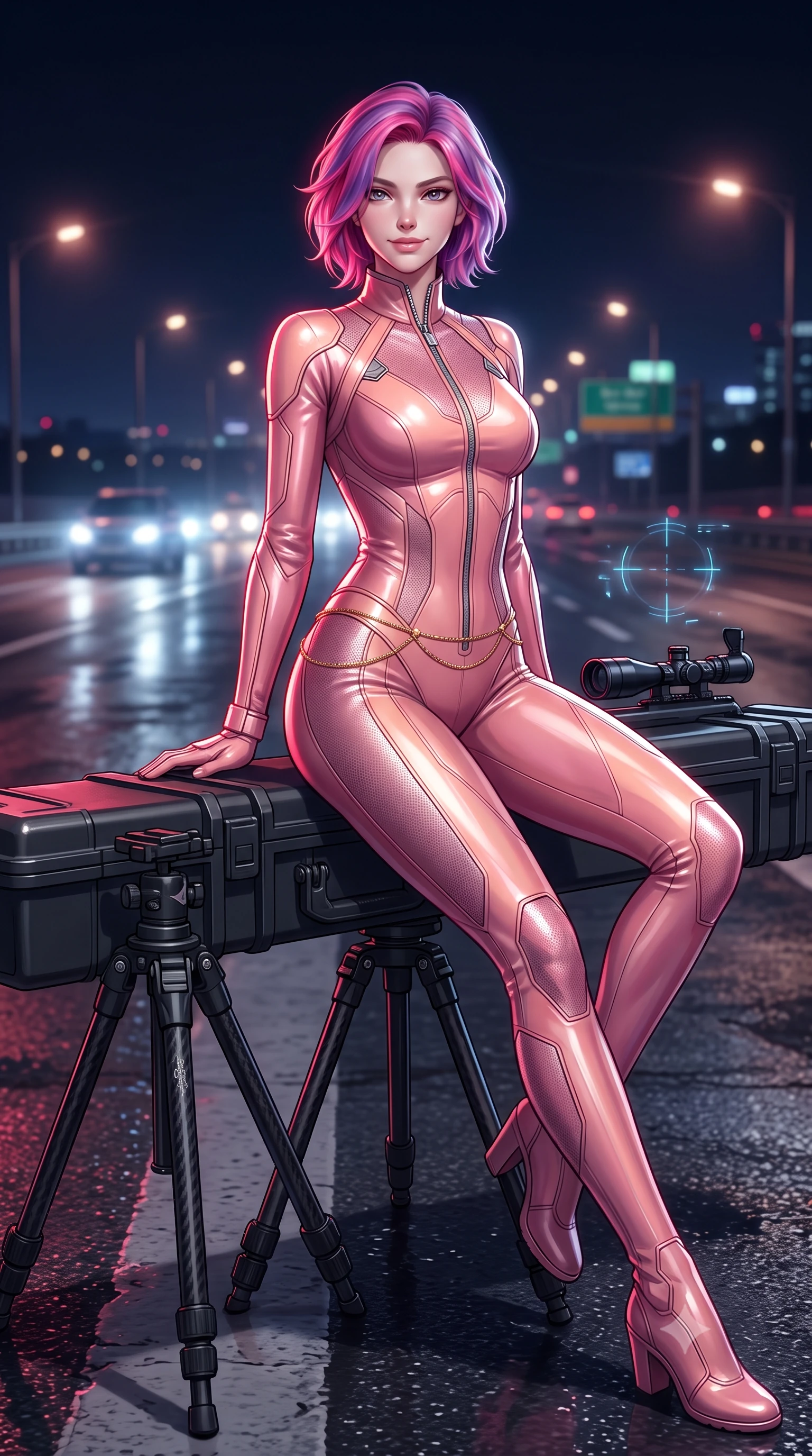 score_9, masterpiece, best quality, ultra-detailed, high-budget anime keyframe, semi-realistic 3D game render, editorial fashion photography, tasteful artistic composition, Caucasian woman. close-up cowboy shot from the waist and thighs up, the character dominates the composition, filling the frame with her large presence. leaning forward while arching her lower back to accentuate her curvy hips, looking into the camera with an intoxicating smoldering gaze and bedroom-eyes while lounging gracefully across the tactical sniper case propped on one elbow with legs extended, displaying her long slender limbs and statuesque hourglass silhouette against the highway lights. The surrounding environment is rendered in vivid detail and crisp panoramic clarity: sharp weathered concrete textures, tactical tripod carbon-weave legs, and crisp holographic HUD crosshairs in deep focus. She has an exceptionally elegant, slender, and willowy female figure with an ultra-slim waist, flat toned midriff, narrow ribcage, and sculpted feminine hips creating an alluring, slim hourglass silhouette without bulk. sharp v-shaped jawline, high-bridge nose, intricate jewel-like sparkling eyes with depth, thick eyelashes, glossy parted lips with a natural peach sheen, bright cheerful beaming smile with an enchanting and coquettish sensual glint, exuding both youthful cute charm and seductive allure, flawlessly proportioned anatomical accuracy, strict slender model proportions, natural body alignment, perfectly sculpted long slender limbs, ultra-slim waistline, clean dynamic posture without body distortion. wearing a sculpted tactical lambskin leather catsuit with seamless paneling and silver zipper hardware accentuating her flat midriff and curvy hips in Solaris liquid rose-quartz and alien peach, tailored from high-density tech-wool with subtle metallic thread weave, accented with a dainty gold belly chain resting across her flat midriff and curving hips, the bespoke structured tailoring following the natural line of her 8.5-heads silhouette with refined elegance. illuminated by wet concrete reflection bounce and sharp ruby-white rim lights sculpting her jawline, narrow waist, and curvy hips. highly saturated vibrant anime colors, detailed shading with soft gradients, rich glossy textures, high-contrast stereoscopic depth, volumetric dynamic lighting, master piece, 9:16 ratio