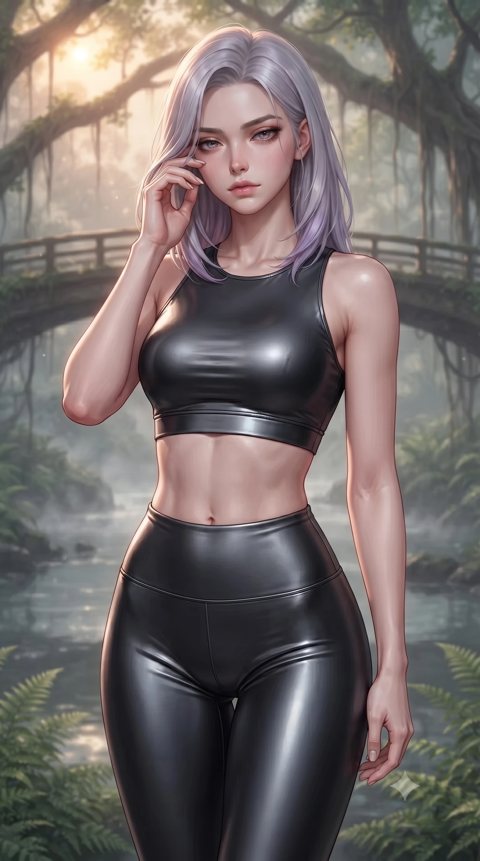 score_9, masterpiece, best quality, ultra-detailed, high-budget anime keyframe, editorial fashion photography, tasteful artistic composition, Caucasian woman. close-up cowboy shot from the waist and thighs up, the character dominates the composition, filling the frame with her large presence, background elements kept in soft focus. gently touching the side of her temple, casting a heavy-lidded, sultry look past the camera, the background shows a soft-focus a banyan tree bridge overlooking a misty river with bio-engineered ferns. She has an exceptionally elegant, slender, and willowy female figure with an ultra-slim waist, a gracefully sculpted slender torso, and a refined silhouette. sharp v-shaped jawline, high-bridge nose, intricate jewel-like eyes with depth, thick eyelashes, glossy lips with a natural sheen. wearing a body-hugging form-fitting athletic crop top and matching high-waisted compression leggings in sleek carbon-black tech fabric. soft morning mist diffusing the warm starlight, creating a tranquil atmosphere. ultra-reflective glossy finish, specular highlights, metallic sheen, high-contrast stereoscopic depth, volumetric dynamic lighting, 2k, ultra detail, master piece, 9:16 ratio