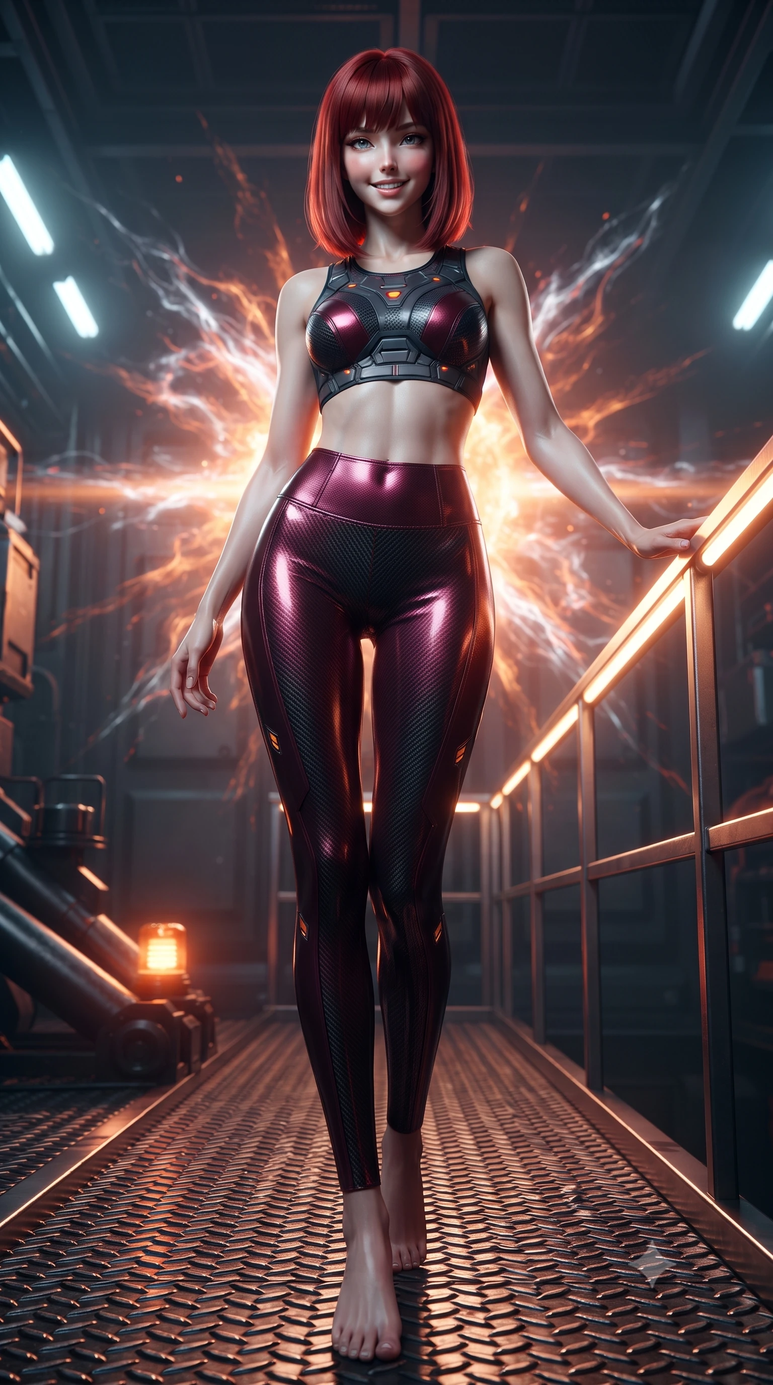 score_9, masterpiece, best quality, ultra-detailed, high-budget anime keyframe, editorial fashion photography, tasteful artistic composition, Caucasian woman. low angle full-body shot from head to toe showing her feet, filling the entire 9:16 vertical frame with her statuesque presence, stretching her vertical silhouette. standing in a tall, confident posture with one hand on a glowing metal railing, stretching her statuesque body as she arches her lower back to emphasize her sculpted feminine hips and slender waist while standing in a tall confident posture with one hand on a glowing metal railing, stretching her statuesque body as the pulsating orange fusion core flares behind. The surrounding environment is rendered in vivid detail and crisp panoramic clarity: sharp diamond-tread steel catwalk grating, heavy hydraulic piston textures, and glowing warning beacon clarity in deep focus. She has an absolutely perfect, statuesque 8.5-heads proportion, an exceptionally tall and slender model-like female figure with impossibly long slender legs, an ultra-slim waist, a flat toned midriff, narrow delicate ribcage, and beautifully sculpted feminine hips creating a graceful, slim hourglass silhouette without any bulky heaviness. sharp v-shaped jawline, high-bridge nose, intricate jewel-like sparkling eyes with depth, thick eyelashes, glossy parted lips with a natural sheen, bright confident smile with an enchanting and coquettish sensual glint, exuding both youthful magnetic charm and sovereign high-tech allure, flawlessly proportioned anatomical accuracy, strict slender model proportions, natural body alignment, perfectly sculpted long slender limbs, ultra-slim waistline, clean dynamic posture without body distortion. wearing a tactical racerback athletic crop top paired with skin-tight high-waisted holographic combat leggings in deep wine crimson and dark carbon weave, tailored from brushed aeronautical titanium alloy with matte satin sheen, accented with subtle hexagonal heat-sink vents glowing with dim orange thermal heat, the form-contouring cut accentuating her sculpted flat midriff, narrow delicate ribcage, and gracefully curvy hips with cybernetic supermodel precision. bathed in shifting orange and white plasma flares casting high-contrast chiaroscuro shadows. ultra-reflective glossy finish, specular highlights, rich textural contrasts, high-contrast stereoscopic depth, volumetric dynamic lighting, 2k, ultra detail, master piece, 9:16 ratio