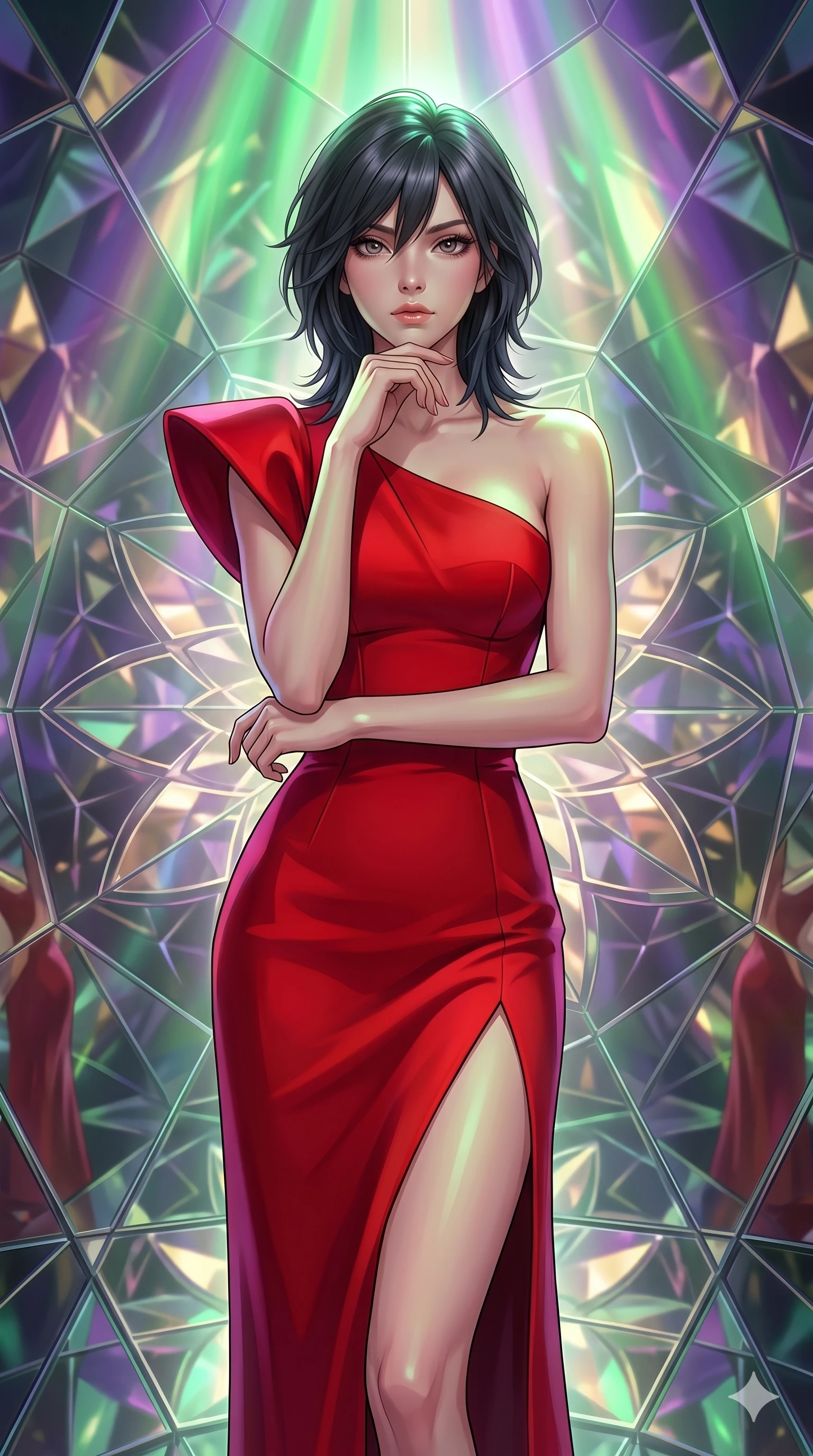 score_9, masterpiece, best quality, ultra-detailed, high-budget anime keyframe, editorial fashion photography, tasteful artistic composition, Caucasian woman, strictly human ears. cowboy shot from the thighs up, character and outfit filling the frame for maximum editorial presence. Resting her chin on the backs of her fingers in a confident pose within a rotating kaleidoscope chamber where mirrored petals form endlessly shifting mandalas. She has an absolutely perfect 8-heads proportion, an exceptionally tall and slender female figure with impossibly long slender legs and an ultra-slim waist. V-shaped jawline, high-bridge nose, intricate jewel-like eyes with depth, thick eyelashes, glossy lips with a natural sheen. wearing a scarlet red crepe floor-length one-shoulder gown with a structured fitted bodice, a bold side slit ascending to mid-thigh, and dramatic architectural volume at the shoulder. illuminated by a shifting aurora palette of green, violet, and gold from above, wrapping her in color. 2k, ultra detail, master piece, 9:16 ratio