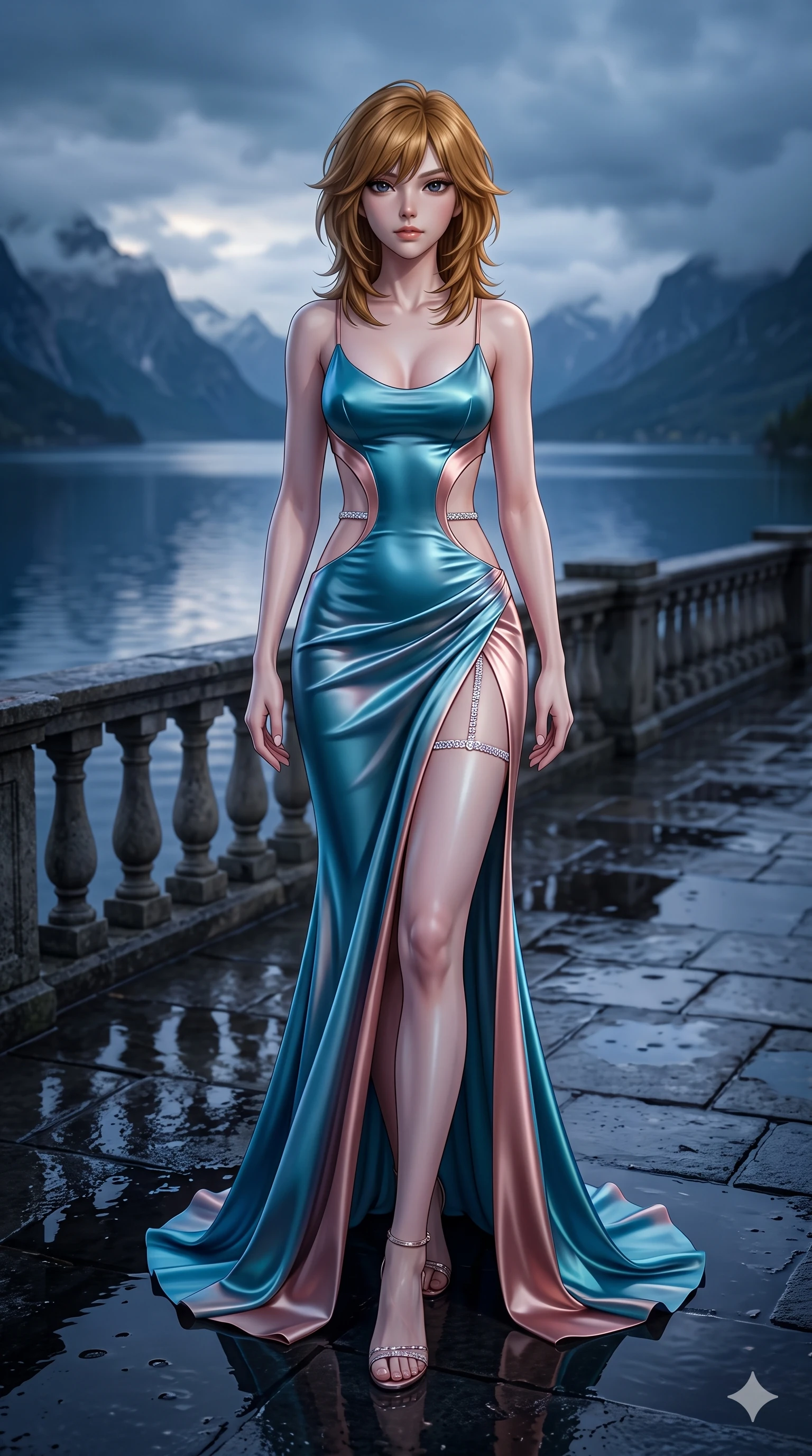 score_9, masterpiece, best quality, ultra-detailed, high-budget anime keyframe, semi-realistic 3D game render, editorial fashion photography, tasteful artistic composition, Korean woman. low angle full-body shot from head to toe showing her feet, filling the entire 9:16 vertical frame with her statuesque presence, stretching her vertical silhouette. stepping slowly toward the camera with hypnotic grace, hips swaying in an alluring sensual rhythm that accentuates her curvy hourglass silhouette and long slender legs while stepping slowly along the rain-washed stone rampart with hypnotic grace, hips swaying in an alluring rhythm that accentuates her curvy hourglass silhouette. The composition keeps background elements in soft focus with creamy bokeh: deep loch waters reflecting broken sky fragments, distant craggy mountain crests, and rain-swept flagstones blurred into slate, indigo, and silver bokeh. She has an exceptionally tall and slender model-like 8.5-heads proportion, an ultra-slim waist, a flat toned midriff, narrow delicate ribcage, and beautifully sculpted feminine hips creating a graceful, slim hourglass silhouette without any bulky heaviness, with impossibly long slender legs. sharp v-shaped jawline, high-bridge nose, intricate jewel-like eyes with depth, thick eyelashes, glossy parted lips with a natural sheen, intensely captivating and seductive bedroom-eyes expression, flawlessly proportioned anatomical accuracy, strict slender model proportions, natural body alignment, perfectly sculpted long slender limbs, ultra-slim waistline, clean dynamic posture without body distortion. wearing a sculptured liquid-satin mermaid gown with an architectural open-waist cutout and bare spine descending to the tailbone in Venetian aquamarine silk and rose gold, tailored from ultra-smooth duchess satin with a pearlescent sheen, finished with delicate crystal-encrusted thigh garter straps glinting in the dim light, the liquid-tight tailored fabric clinging flawlessly to her narrow waist and rounded feminine hips, emphasizing every millimeter of her sculpted slim hourglass curves without any bulky heaviness. puddle reflection bounce and volumetric dynamic lighting highlighting her long slender legs and willowy proportions. highly saturated vibrant anime colors, detailed shading with soft gradients, rich glossy textures, high-contrast stereoscopic depth, volumetric dynamic lighting, master piece, 9:16 ratio