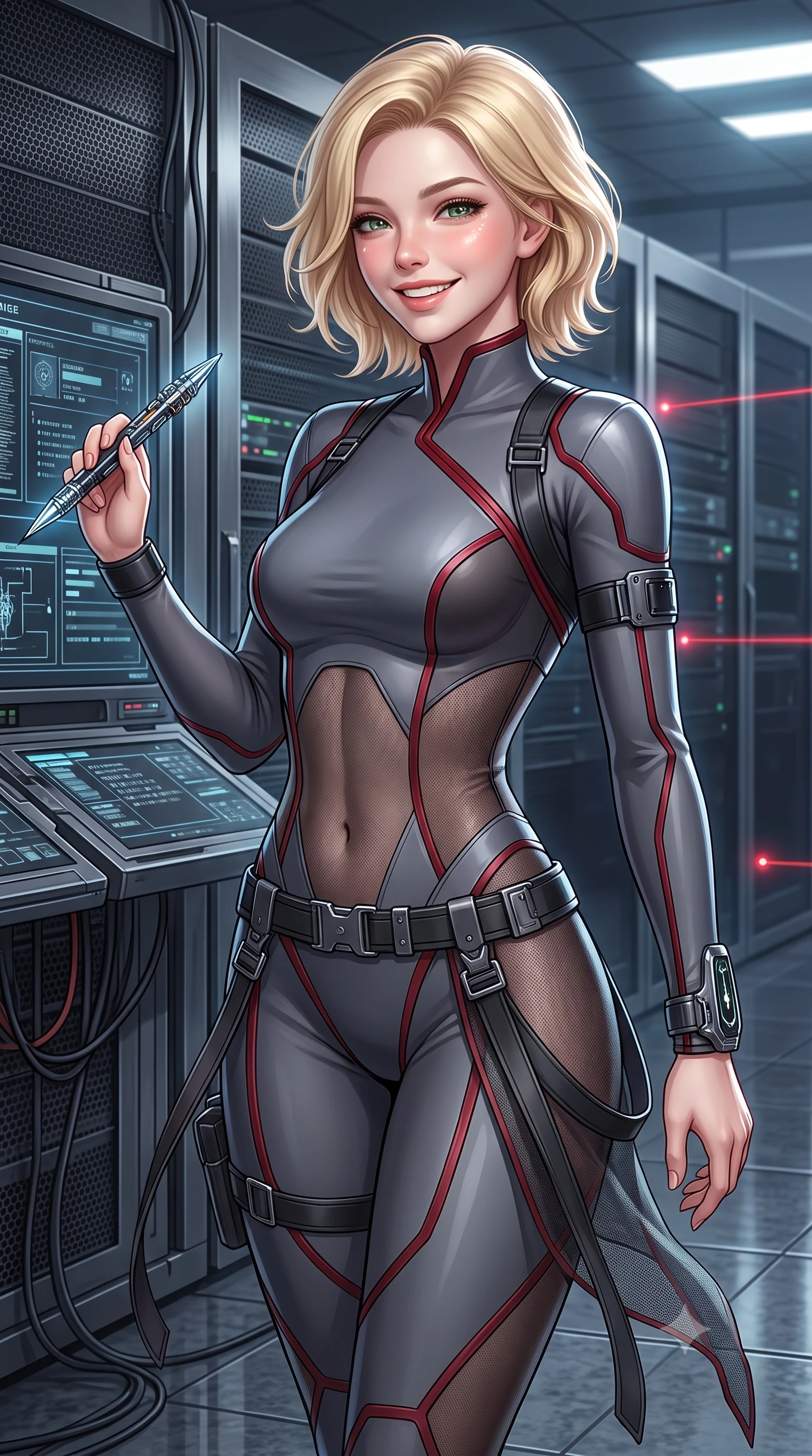 score_9, masterpiece, best quality, ultra-detailed, high-budget anime keyframe, semi-realistic 3D game render, editorial fashion photography, tasteful artistic composition, Caucasian woman. close-up cowboy shot from the waist and thighs up, the character dominates the composition, filling the frame with her large presence. laughing softly with genuine, enchanting warmth, eyes crinkling sweetly as specular highlights illuminate her cheeks while holding a high-tech data-extraction spike near a master console terminal with supreme operative confidence. The surrounding environment is rendered in vivid detail and crisp panoramic clarity. sharp laser beam focus points, brushed dark titanium server rack grilles, and granite floor reflections in deep focus. She has an exceptionally elegant, slender, and willowy female figure with an ultra-slim waist, a gracefully sculpted slender torso, toned flat midriff, and a refined slim silhouette. sharp v-shaped jawline, high-bridge nose, intricate jewel-like eyes with depth, thick eyelashes, glossy lips with a natural sheen, captivating and magnetic expression, flawlessly proportioned anatomical accuracy, strict slender model proportions, natural body alignment, perfectly sculpted long slender limbs, ultra-slim waistline, clean dynamic posture without body distortion. wearing a sharp asymmetrical spy bodysuit with sheer contouring mesh panels, reinforced strike shoulders, and utility waist harness in storm grey and dark scarlet trim, made of high-mobility liquid jersey and semi-opaque reinforced mesh, accented with concealed lockpick wristbands and polished dark chrome hardware edition #12, the breezy yet form-flattering drape swaying gracefully with her steps, accentuating her long willowy limbs and slim waistline. illuminated by crisp directional rim lighting sharply carving her ultra-slim waist and sculpted silhouette. highly saturated vibrant anime colors, detailed shading with soft gradients, rich glossy textures, high-contrast stereoscopic depth, volumetric dynamic lighting, master piece, 9:16 ratio