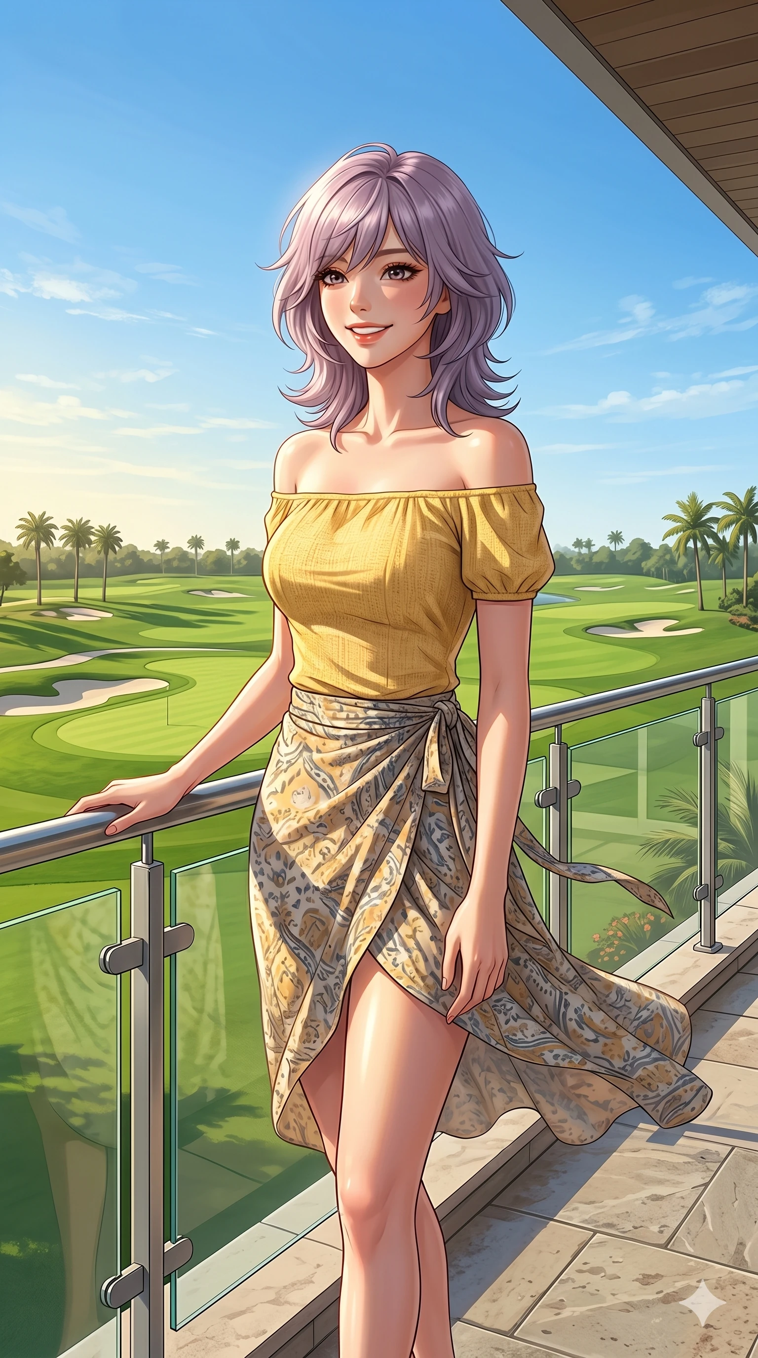 score_9, masterpiece, best quality, ultra-detailed, high-budget anime keyframe, editorial fashion photography, tasteful artistic composition, Japanese woman. cowboy shot from the thighs up, character and outfit filling the frame for maximum editorial presence. smiling happily, one hand resting on the metal railing standing on a balcony overlooking a modern golf course under a sunny sky. She has an absolutely perfect 8-heads proportion, an exceptionally tall and slender female figure with impossibly long slender legs and an ultra-slim waist. V-shaped jawline, high-bridge nose, intricate jewel-like eyes with depth, thick eyelashes, glossy lips with a natural sheen. wearing a yellow off-shoulder top showing her elegant clavicle lines, and a wrap skirt. drenched in bright afternoon sunshine casting warm rays over the golf course. 2k, ultra detail, master piece, 9:16 ratio