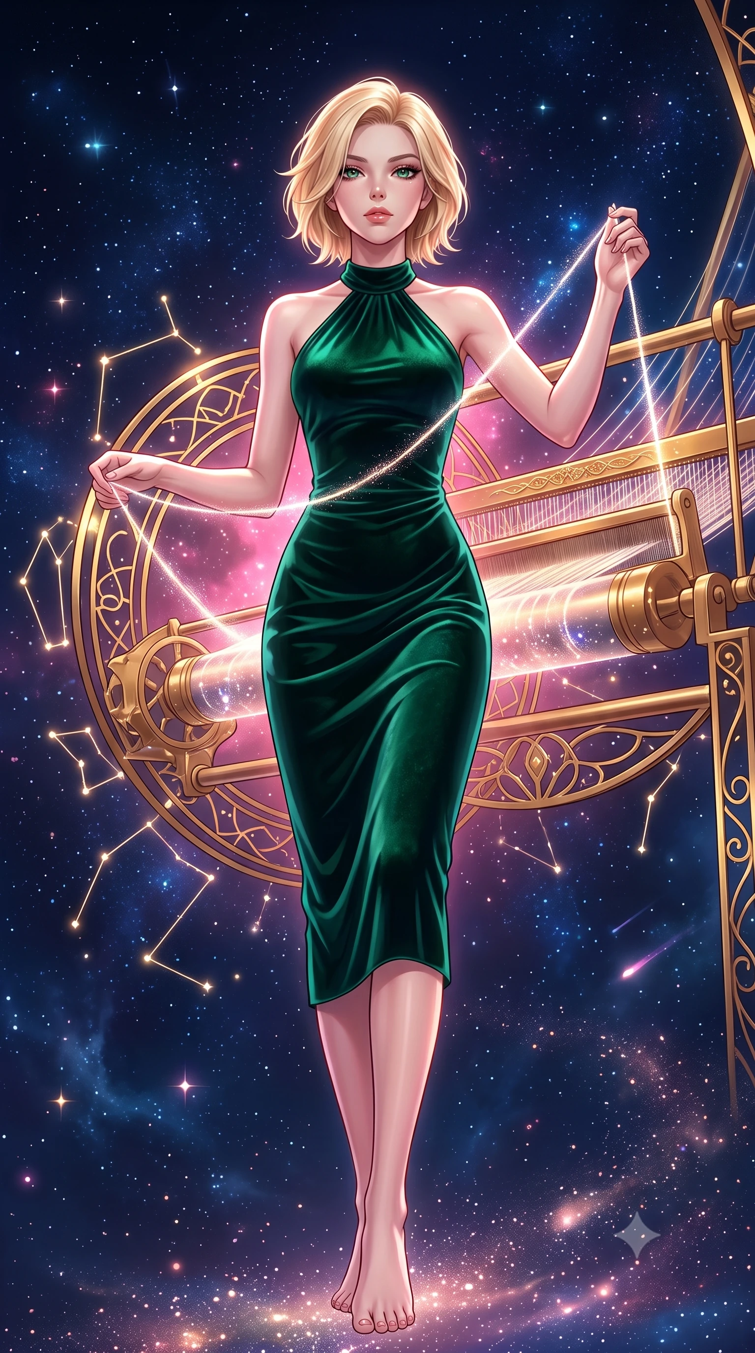score_9, masterpiece, best quality, ultra-detailed, high-budget anime keyframe, editorial fashion photography, tasteful artistic composition, Caucasian woman. low angle full-body shot from head to toe showing her feet, filling the entire 9:16 vertical frame with her statuesque presence, stretching her vertical silhouette. navigating the luminous space with effortless poise, displaying her perfect model proportions threading brilliant comet dust through a golden celestial loom, glowing constellation lines tracing intricate patterns nearby. She has an absolutely perfect, statuesque 8.5-heads proportion, an exceptionally tall and slender model-like female figure with impossibly long slender legs and an ultra-slim waist. sharp v-shaped jawline, high-bridge nose, intricate jewel-like eyes with depth, thick eyelashes, glossy lips with a natural sheen. wearing a velvet halter-neck midi dress in deep emerald, following her form like a glove, the elegant draped fit framing her graceful clavicle and slender torso. bathed in radiant cosmic pink and deep navy blue ambient light. highly saturated vibrant anime colors, detailed shading with soft gradients, rich glossy textures, high-contrast stereoscopic depth, volumetric dynamic lighting, master piece, 9:16 ratio