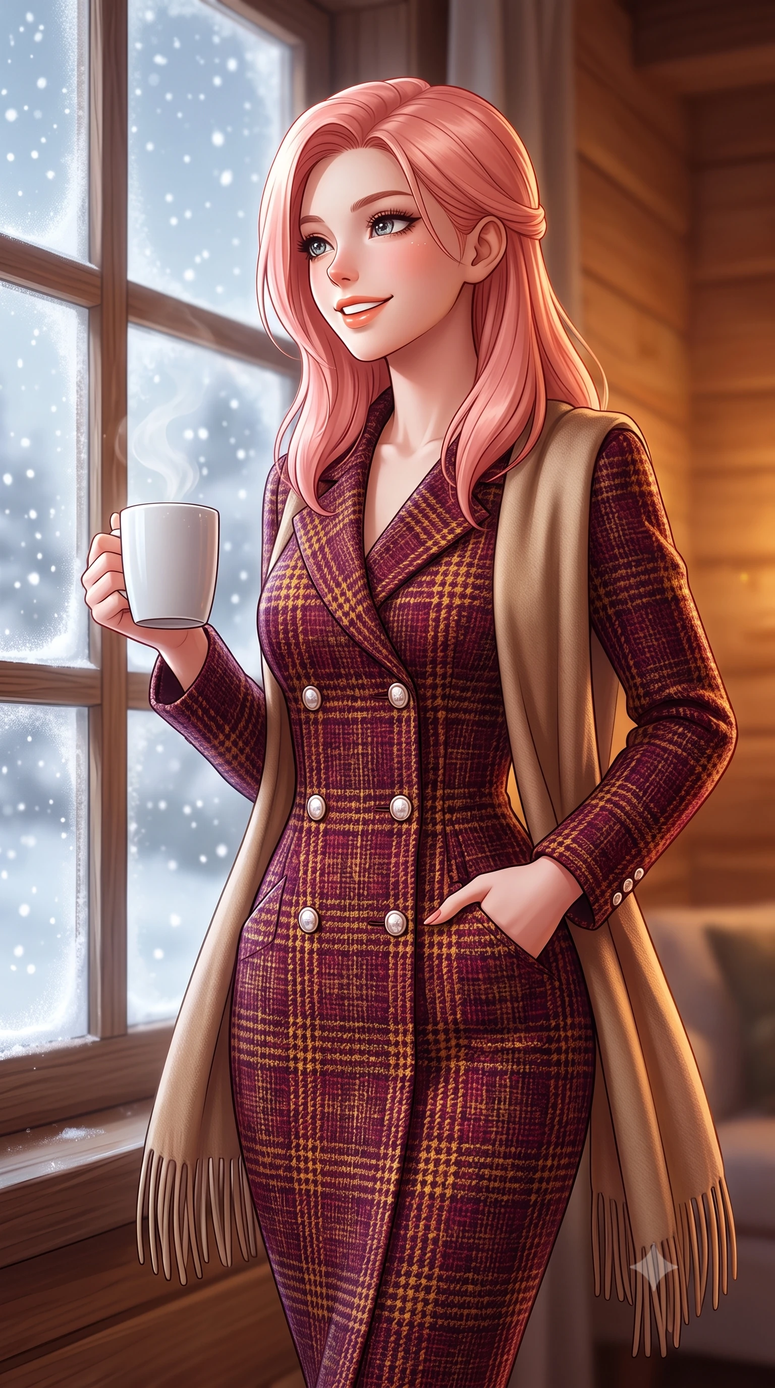 score_9, masterpiece, best quality, ultra-detailed, high-budget anime keyframe, semi-realistic 3D game render, editorial fashion photography, tasteful artistic composition, Japanese woman. close-up cowboy shot from the waist and thighs up, the character dominates the composition, filling the frame with her large presence. standing poised with one hand slipped into her tailored trouser pocket, head tilted in a friendly, engaging expression while walking toward the frosted timber window with a steaming porcelain mug, looking out at the falling snowflakes with wonder. The background shows a soft-focus softly falling snowflakes outside frosted panes softened in intimate alpine winter hideaway shallow focus. She has an exceptionally elegant, slender, and willowy female figure with an ultra-slim waist, flat toned midriff, narrow ribcage, and sculpted feminine hips creating an alluring, slim hourglass silhouette without bulk. sharp v-shaped jawline, high-bridge nose, intricate jewel-like sparkling eyes with depth, thick eyelashes, glossy parted lips with a natural peach sheen, bright cheerful beaming smile with an enchanting and coquettish sensual glint, exuding both youthful cute charm and seductive allure, flawlessly proportioned anatomical accuracy, strict slender model proportions, natural body alignment, perfectly sculpted long slender limbs, ultra-slim waistline, clean dynamic posture without body distortion. wearing a structured double-breasted tweed dress with notched lapels, long sleeves, and decorative mother-of-pearl buttons in rich Oxford burgundy and golden amber, tailored from heritage British Harris Tweed with rich multi-tonal yarn weave, accented with a wide brushed cashmere fringe scarf draped elegantly over one shoulder, the expertly draped wool fabric falling in crisp fluid lines along her tall 8.5-heads silhouette, celebrating her slender frame without excess fabric bulk. illuminated by honey pine wall reflection bounce and warm buttery rim lights sculpting her features and slender hourglass curves. highly saturated vibrant anime colors, detailed shading with soft gradients, rich glossy textures, high-contrast stereoscopic depth, volumetric dynamic lighting, master piece, 9:16 ratio