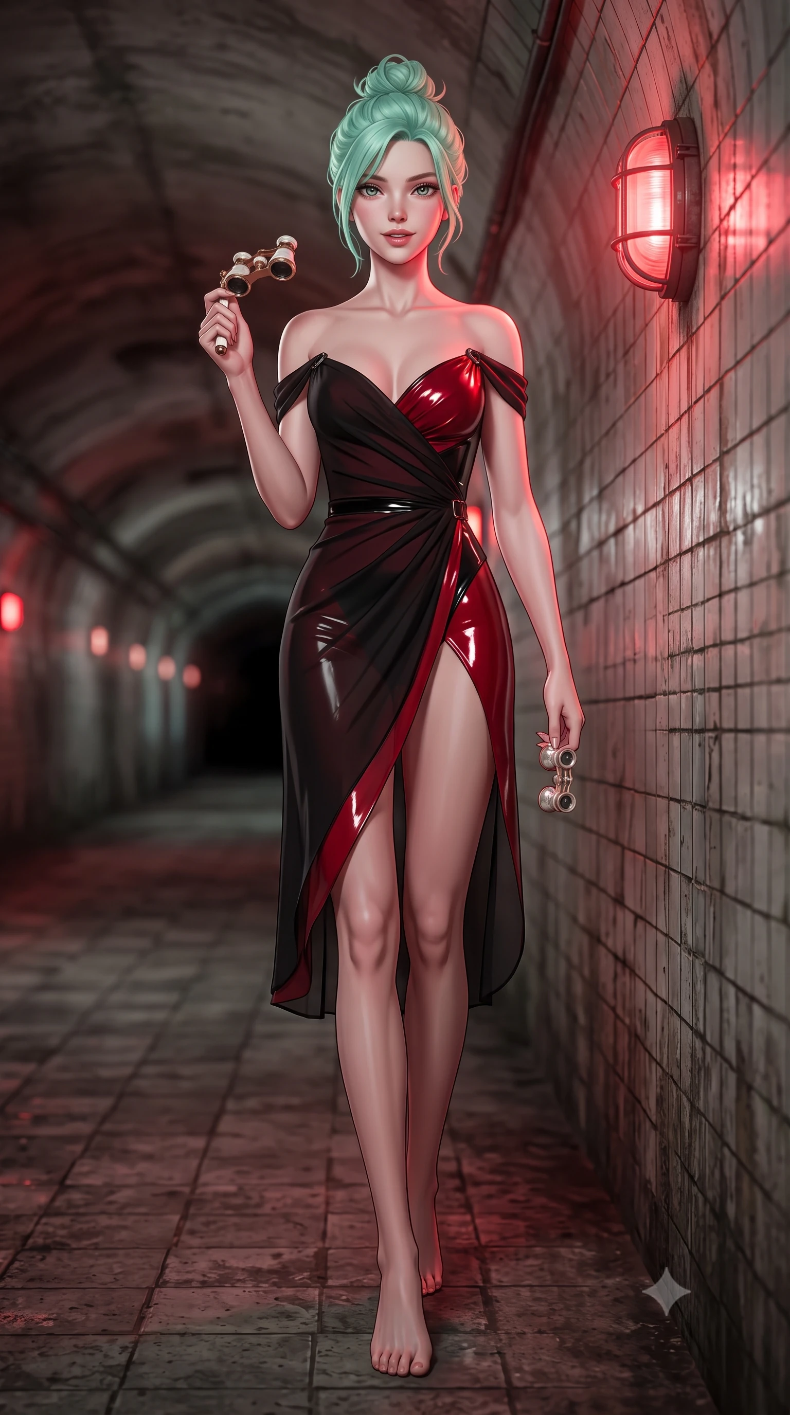 score_9, masterpiece, best quality, ultra-detailed, high-budget anime keyframe, semi-realistic 3D game render, editorial fashion photography, tasteful artistic composition, Japanese woman. low angle full-body shot from head to toe showing her feet, filling the entire 9:16 vertical frame with her statuesque presence, stretching her vertical silhouette. stepping slowly toward the camera with hypnotic grace, hips swaying in an alluring sensual rhythm that accentuates her curvy hourglass silhouette and long slender legs while leaning against the weathered tiled tunnel wall with hips cocked back, looking into the darkness with an alluring, parted-lip smile. The background shows a soft-focus distant tunnel vanishing points softened in gritty underground shallow focus. She has an absolutely perfect, statuesque 8.5-heads proportion, an exceptionally tall and slender model-like female figure with impossibly long slender legs, an ultra-slim waist, a flat toned midriff, narrow delicate ribcage, and beautifully sculpted feminine hips creating a graceful, slim hourglass silhouette without any bulky heaviness. sharp v-shaped jawline, high-bridge nose, sparkling eyes with hypnotic seductive depth, thick curled eyelashes, glossy parted lips with a natural dewy peach sheen, alluring bedroom-eyes with an enchanting coquettish smile, exuding magnetic siren charisma and sophisticated glamour, flawlessly proportioned anatomical accuracy, strict slender model proportions, natural body alignment, perfectly sculpted long slender limbs, ultra-slim waistline, clean dynamic posture without body distortion. wearing a delicate sheer gossamer chiffon ballet wrap dress slipping off bare shoulders with a daring hip-high leg slit in matte obsidian black and tactical crimson red with gunmetal hardware, crafted from wet-look high-gloss vinyl fabric with dazzling specular surface reflections, accented with an antique mother-of-pearl opera glass held casually in one hand, the liquid-tight tailored fabric clinging flawlessly to her narrow waist and rounded feminine hips, emphasizing every millimeter of her sculpted slim hourglass curves without any bulky heaviness. bathed in rhythmic crimson strobe glow from industrial bulkhead wall fixtures. highly saturated vibrant anime colors, detailed shading with soft gradients, rich glossy textures, high-contrast stereoscopic depth, volumetric dynamic lighting, master piece, 9:16 ratio