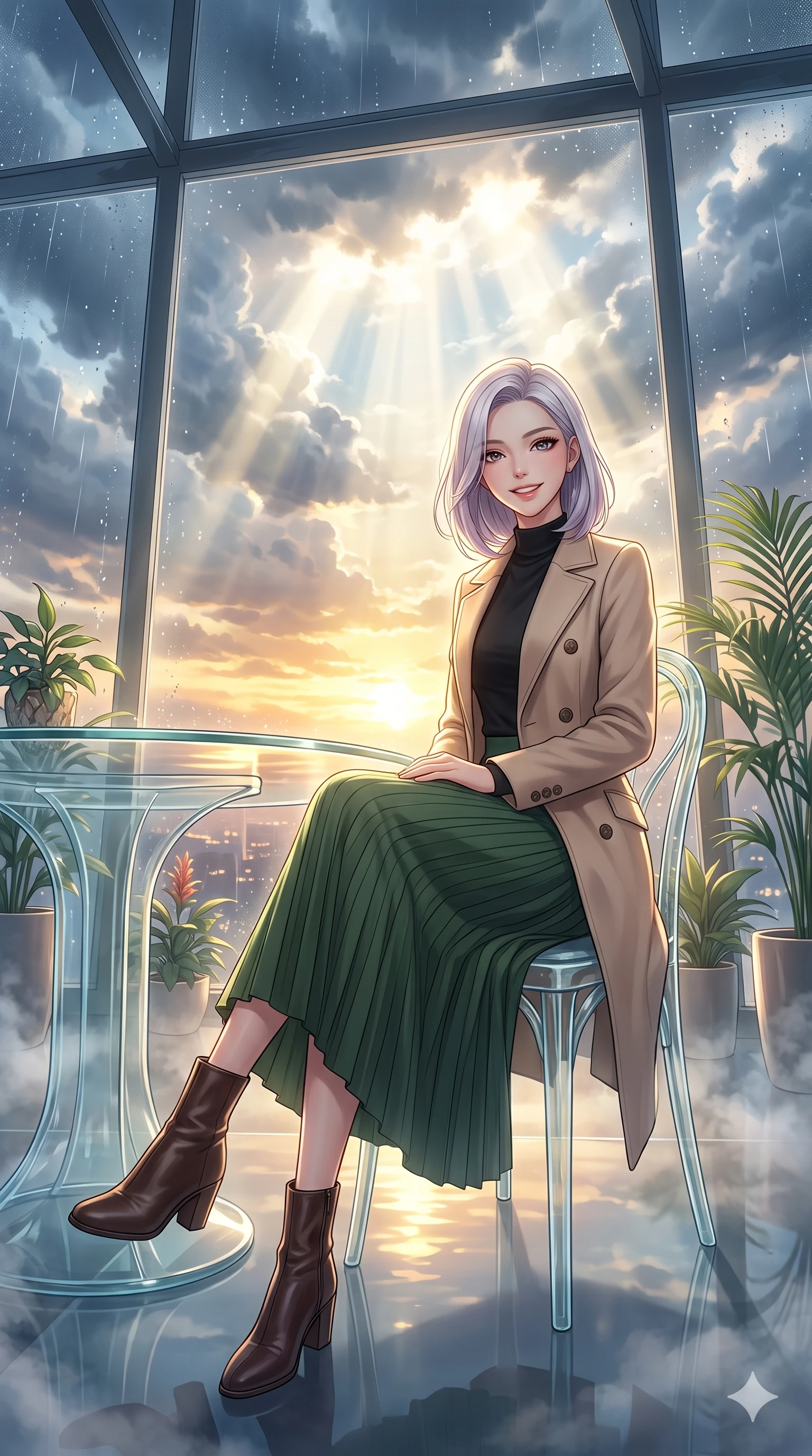 score_9, masterpiece, best quality, ultra-detailed, high-budget anime keyframe, vibrant anime aesthetic, Caucasian woman, strictly human ears. low angle full-body shot from head to toe showing her feet, filling the entire 9:16 vertical frame with her statuesque presence, stretching her vertical silhouette. She is sitting by a glass greenhouse table, smiling warmly at the camera, her eyes shining with genuine joy surrounded by fresh morning mist. inside a luxury penthouse conservatory with a panoramic glass wall showing rain clouds parting for a golden sunset (Code-P22-030). She has an absolutely perfect 8-heads proportion, an exceptionally tall and slender female figure with impossibly long slender legs and an ultra-slim waist. V-shaped jawline, high-bridge nose, intricate jewel-like eyes with depth, thick eyelashes, glossy lips with a natural sheen. wearing a classic double-breasted coat over a mock-neck top and a long knit skirt with stylish boots. She is bathed in brilliant midday sunbeams breaking through storm clouds, creating a glowing aura, creating a cinematic, high-budget anime lighting effect during a refreshing sun shower. 2k, ultra detail, master piece, 9:16 ratio