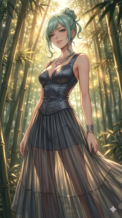 score_9, masterpiece, best quality, ultra-detailed, high-budget anime keyframe, editorial fashion photography, tasteful artistic composition, Japanese woman. cowboy shot from the thighs up, character and outfit filling the frame for maximum editorial