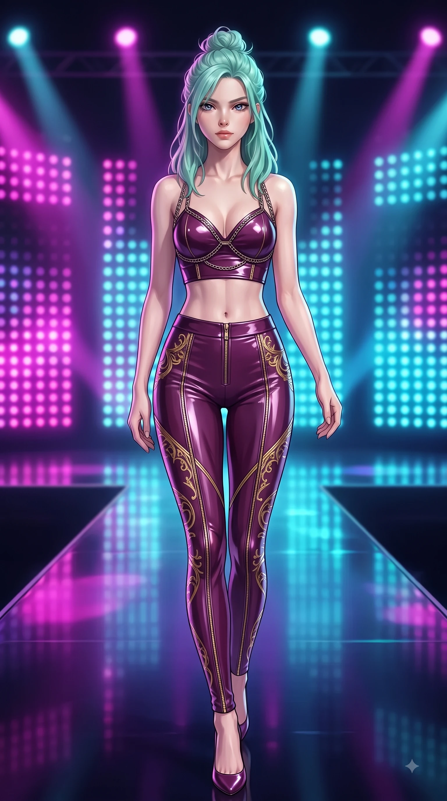 score_9, masterpiece, best quality, ultra-detailed, high-budget anime keyframe, editorial fashion photography, tasteful artistic composition, Japanese woman. close-up cowboy shot from the waist and thighs up, the character dominates the composition, filling the frame with her large presence, background elements kept in soft focus. Gazing past the lens with smoldering intensity as her torso curves dynamically in mid-stride while walking down a shiny dark stage catwalk under pulsing magenta and cyan LED arrays, shiny dark stage surface reflecting every concert light beam vividly. She has an exceptionally elegant, slender, and willowy female figure with an ultra-slim waist, a gracefully sculpted slender torso, and a refined silhouette. sharp v-shaped jawline, high-bridge nose, intricate jewel-like eyes with depth, thick eyelashes, glossy lips with a natural sheen, flawlessly proportioned anatomical accuracy, natural body alignment, perfectly sculpted elegant limbs, clean dynamic posture without body distortion. wearing a glossy vinyl crop top and high-waist tailored leggings with sleek zippers in plum purple and gold filigree, crafted from lustrous satin jersey with fluid draping, adorned with delicate metallic chain straps along the neckline, the tailored fabric tightly following every curve of her athletic build. surrounded by an electric, high-energy performer aura with sharp shadows. highly saturated vibrant anime colors, detailed shading with soft gradients, rich glossy textures, high-contrast stereoscopic depth, volumetric dynamic lighting, master piece, 9:16 ratio