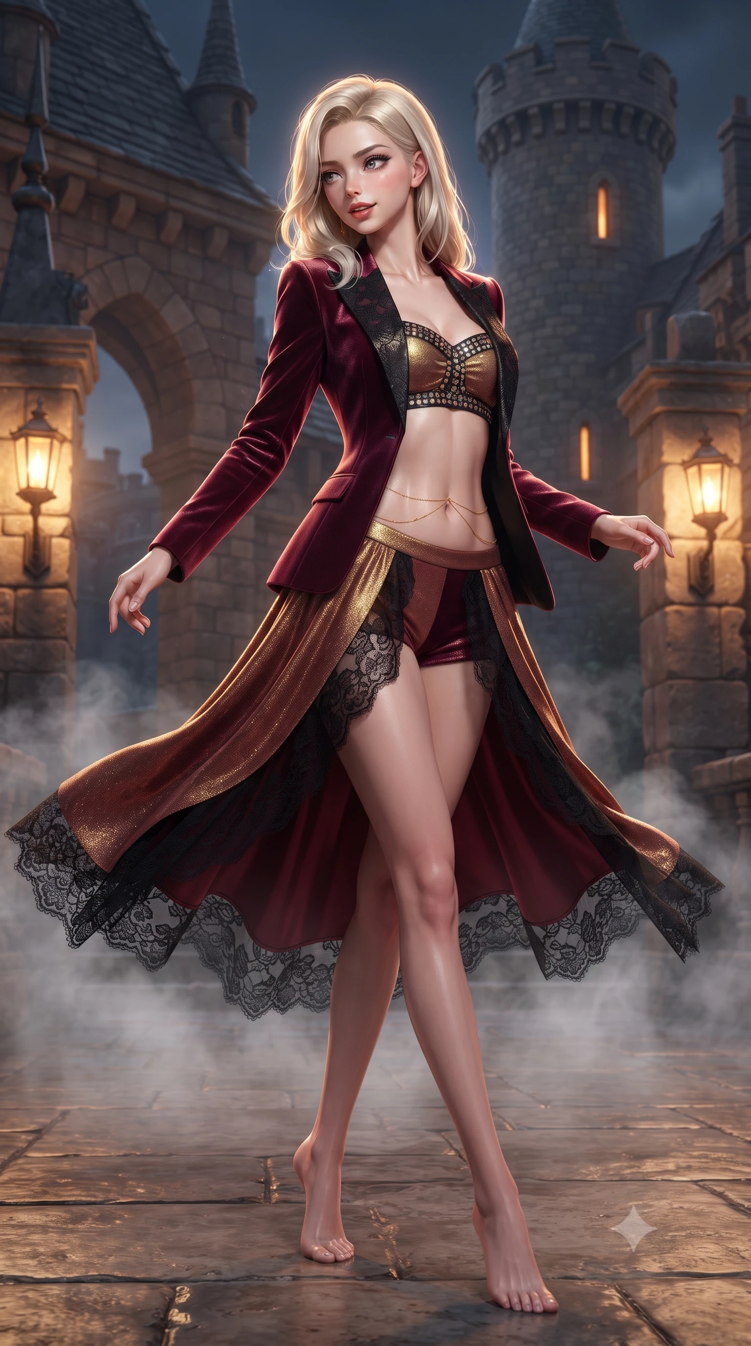 score_9, masterpiece, best quality, ultra-detailed, high-budget anime keyframe, editorial fashion photography, tasteful artistic composition, Caucasian woman. low angle full-body shot from head to toe showing her feet, filling the entire 9:16 vertical frame with her statuesque presence, stretching her vertical silhouette. executing a slow, graceful pivot turn as her skirt sways around her slender legs, glancing back with an enchanting, teasing sensual expression while twisting her slender torso in an alluring contrapposto stance, night mist swirling around her long slender legs and curvy hips. The surrounding environment is rendered in vivid detail and crisp panoramic clarity: detailed second-skin leatherette bodice cling, glossy parted lips, and castle architecture in razor-sharp precision. She has an absolutely perfect, statuesque 8.5-heads proportion, an exceptionally tall and slender model-like female figure with impossibly long slender legs, an ultra-slim waist, a flat toned midriff, narrow delicate ribcage, and beautifully sculpted feminine hips creating a graceful, slim hourglass silhouette without any bulky heaviness. sharp v-shaped jawline, high-bridge nose, sparkling eyes with hypnotic seductive depth, thick curled eyelashes, glossy parted lips with a natural dewy peach sheen, alluring bedroom-eyes with an enchanting coquettish smile, exuding magnetic siren charisma and sophisticated glamour, flawlessly proportioned anatomical accuracy, strict slender model proportions, natural body alignment, perfectly sculpted long slender limbs, ultra-slim waistline, clean dynamic posture without body distortion. wearing a tailored open-front minimal smoking blazer worn over a jewel-embellished bandeau and micro-shorts in smoldering bordeaux wine and liquid gold with black chantilly lace, woven from stretch metallic lurex jersey casting radiant starlight glints across her silhouette, accented with a dainty gold belly chain resting across her flat midriff and curving hips, the liquid-tight tailored fabric clinging flawlessly to her narrow waist and rounded feminine hips, emphasizing every millimeter of her sculpted slim hourglass curves without any bulky heaviness. bathed in warm amber light spilling from carriage lanterns mounted on stone pillars. ultra-reflective glossy finish, specular highlights, rich textural contrasts, high-contrast stereoscopic depth, volumetric dynamic lighting, 2k, ultra detail, master piece, 9:16 ratio