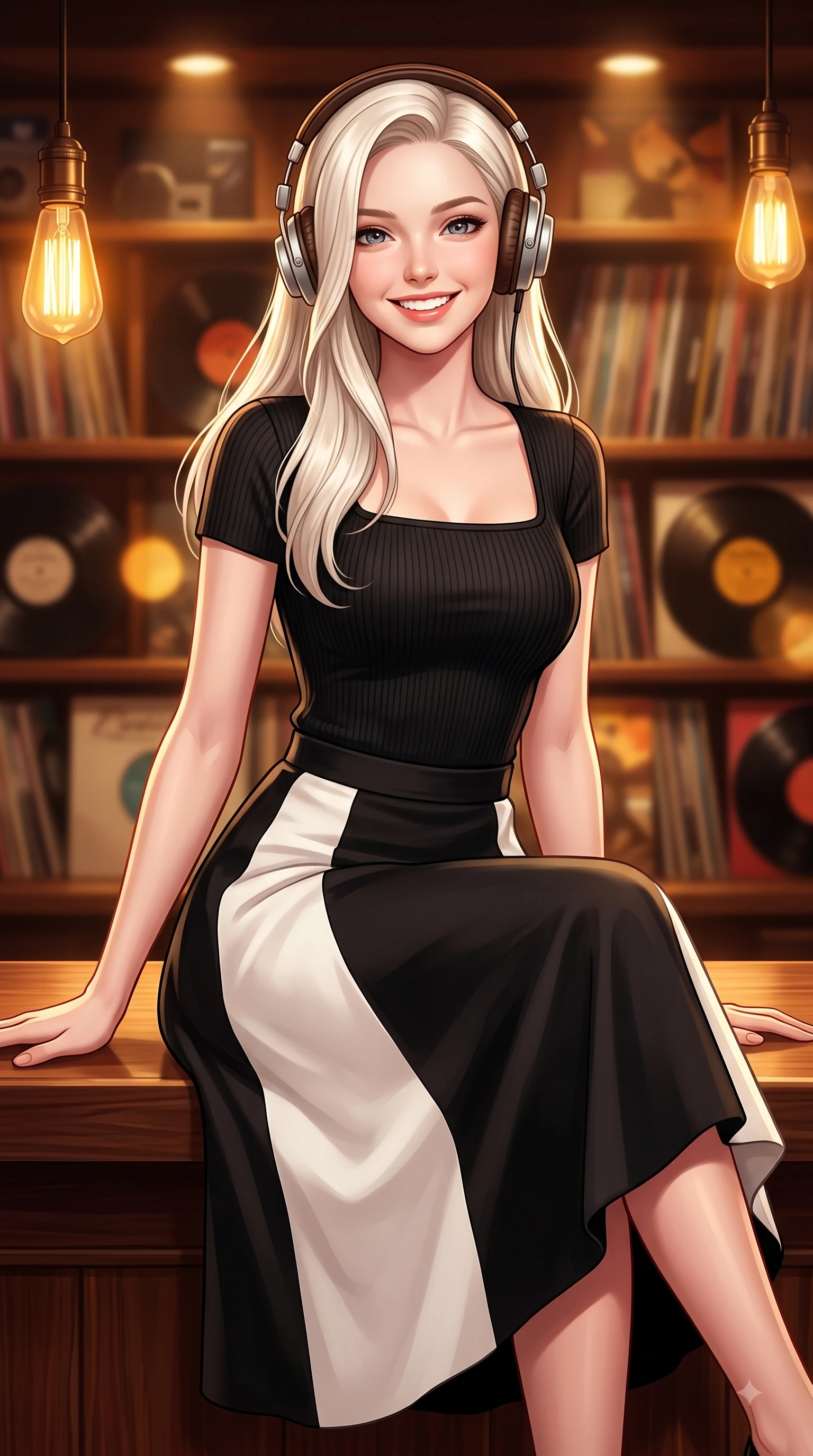score_9, masterpiece, best quality, ultra-detailed, high-budget anime keyframe, editorial fashion photography, tasteful artistic composition, Caucasian woman. close-up cowboy shot from the waist and thighs up, the character dominates the composition, filling the frame with her large presence. Gazing directly into the camera with a fresh, infectious smile as her torso curves dynamically in mid-stride while sitting at a wooden counter wearing vintage headphones with a joyful, relaxed smile. The composition keeps background elements in soft focus with dreamy bokeh. shelves of vintage vinyl records and warm amber Edison lamps blurred into cozy golden bokeh. She has an exceptionally elegant, slender, and willowy female figure with an ultra-slim waist, a gracefully sculpted slender torso, and a refined silhouette. sharp v-shaped jawline, high-bridge nose, intricate jewel-like eyes with depth, thick eyelashes, glossy lips with a natural sheen, flawlessly proportioned anatomical accuracy, natural body alignment, perfectly sculpted elegant limbs, clean dynamic posture without body distortion. wearing a chic square-neck ribbed top paired with a flowing A-line midi skirt in sleek jet black and pure white contrast, tailored from fine wool crepe with clean lines, accented with a Tasteful chest slit framing her clavicle gracefully, the glove-like fit emphasizing her statuesque silhouette during motion. illuminated by cozy directional spotlights and rich mahogany reflections. highly saturated vibrant anime colors, detailed shading with soft gradients, rich glossy textures, high-contrast stereoscopic depth, volumetric dynamic lighting, master piece, 9:16 ratio