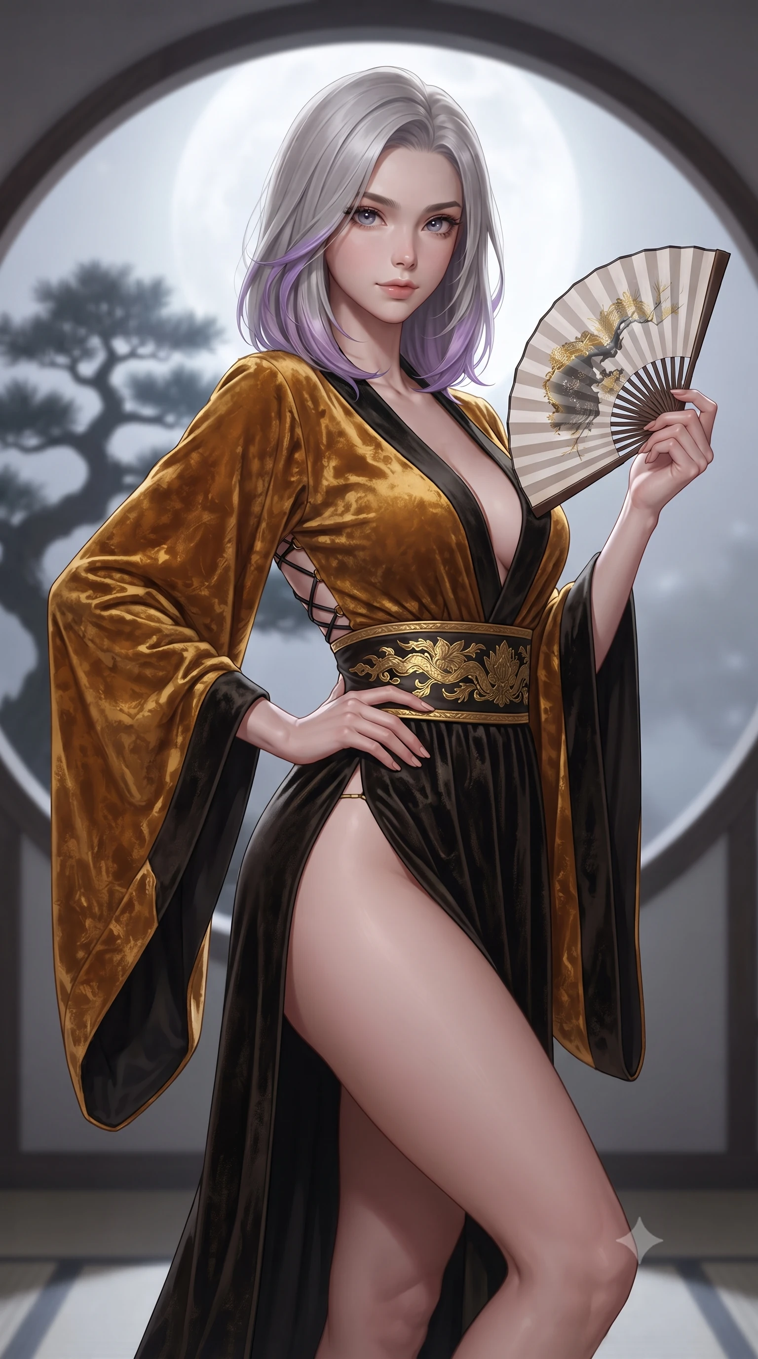 score_9, masterpiece, best quality, ultra-detailed, high-budget anime keyframe, editorial fashion photography, tasteful artistic composition, Caucasian woman. close-up cowboy shot from the waist and thighs up, the character dominates the composition, filling the frame with her large presence. twisting her slender torso in an alluring contrapposto stance, one hand resting on her sculpted hip while holding a traditional silk folding fan with effortless poise while leaning against the circular timber frame with hips cocked back, looking into the lens with an enchanting, tranquil bedroom-gaze. The background shows a soft-focus a single sculpted Japanese black pine silhouette softened in contemplative minimalist Zen shallow focus. She has an exceptionally elegant, slender, and willowy female figure with an ultra-slim waist, flat toned midriff, narrow ribcage, and sculpted feminine hips creating an alluring, slim hourglass silhouette without bulk. sharp v-shaped jawline, high-bridge nose, intricate jewel-like dark sparkling almond eyes with depth, thick lashes, glossy parted lips with a natural rose-plum sheen, bright alluring and coquettish smile with bedroom-eyes, exuding both timeless oriental elegance and sovereign high-fashion allure, flawlessly proportioned anatomical accuracy, strict slender model proportions, natural body alignment, perfectly sculpted long slender limbs, ultra-slim waistline, clean dynamic posture without body distortion. wearing a deep plunging-V modern kimono gown with wide flowing sleeves and a waist-cinching gold embroidered sash in antique saffron gold and ebony black, crafted from sumptuous crushed winter velvet with deep light-absorbing plushness, finished with criss-cross back satin laces tracing her slender spine, the precision-cut side hip slits and low-back scoop framing her graceful spine and the sensual sweep of her slim, toned hips. bathed in pristine silver moonlight pouring through the circular moon-gate aperture. ultra-reflective glossy finish, specular highlights, rich textural contrasts, high-contrast stereoscopic depth, volumetric dynamic lighting, 2k, ultra detail, master piece, 9:16 ratio