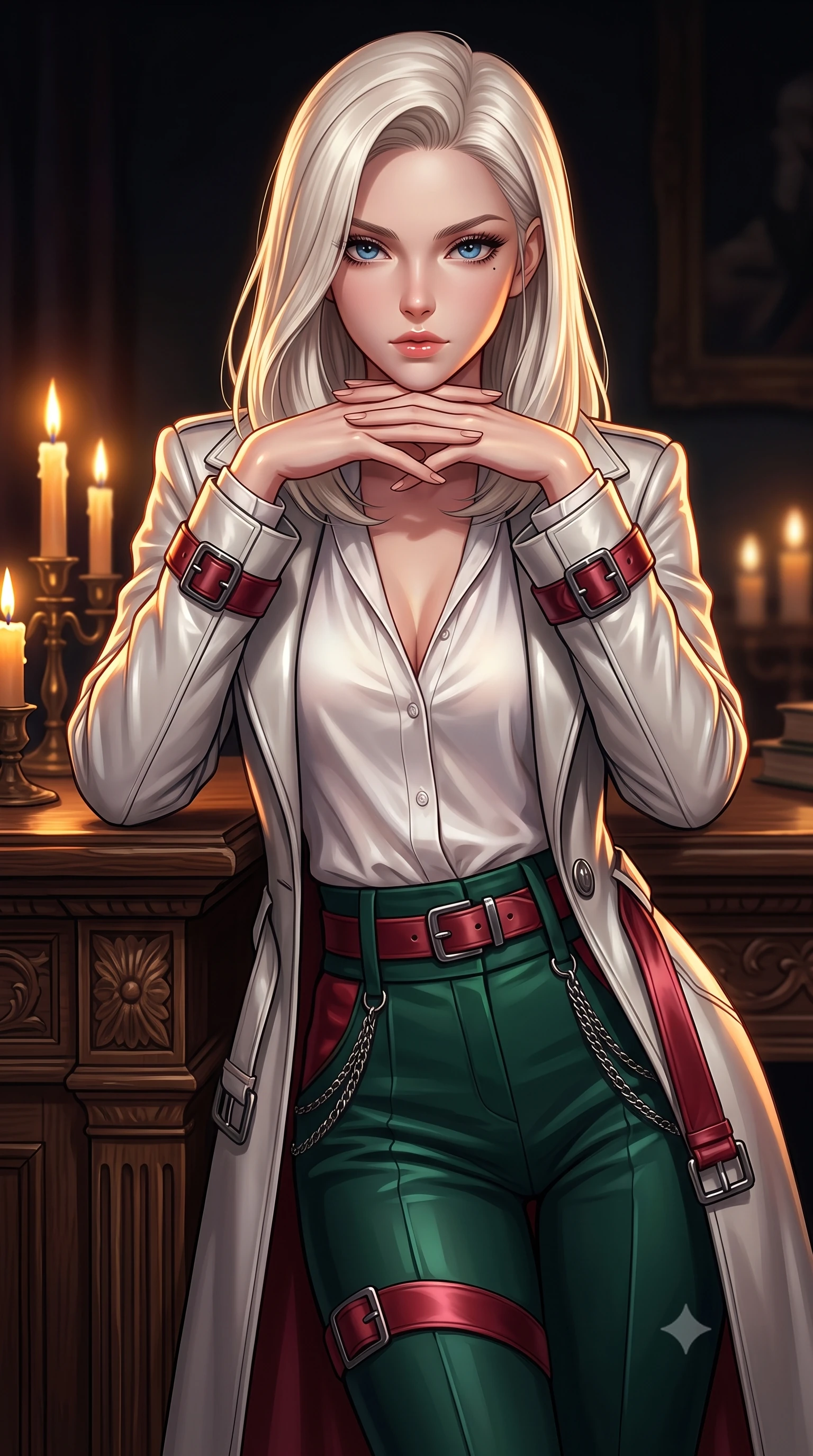 score_9, masterpiece, best quality, ultra-detailed, high-budget anime keyframe, editorial fashion photography, tasteful artistic composition, Caucasian woman. close-up cowboy shot from the waist and thighs up, the character dominates the composition, filling the frame with her large presence, background elements kept in soft focus. Resting her chin on the backs of her fingers with an air of effortless superiority, leaning against a heavy carved oak desk lit by flickering amber candles, smooth skin finish glinting with warm amber specular highlights. She has an exceptionally elegant, slender, and willowy female figure with an ultra-slim waist, a gracefully sculpted slender torso, and a refined silhouette. sharp v-shaped jawline, high-bridge nose, intricate jewel-like eyes with depth, thick eyelashes, glossy lips with a natural sheen. wearing structured platinum leather long coat over white silk blouse and tailored slacks in deep emerald green, made of soft crimson satin, framed by dark titanium buckles and silver chain details, sculpting her athletic slender build with refined precision. lit by low-key flickering candle rays contrasting with room darkness. highly saturated vibrant anime colors, detailed shading with soft gradients, rich glossy textures, high-contrast stereoscopic depth, volumetric dynamic lighting, master piece, 9:16 ratio