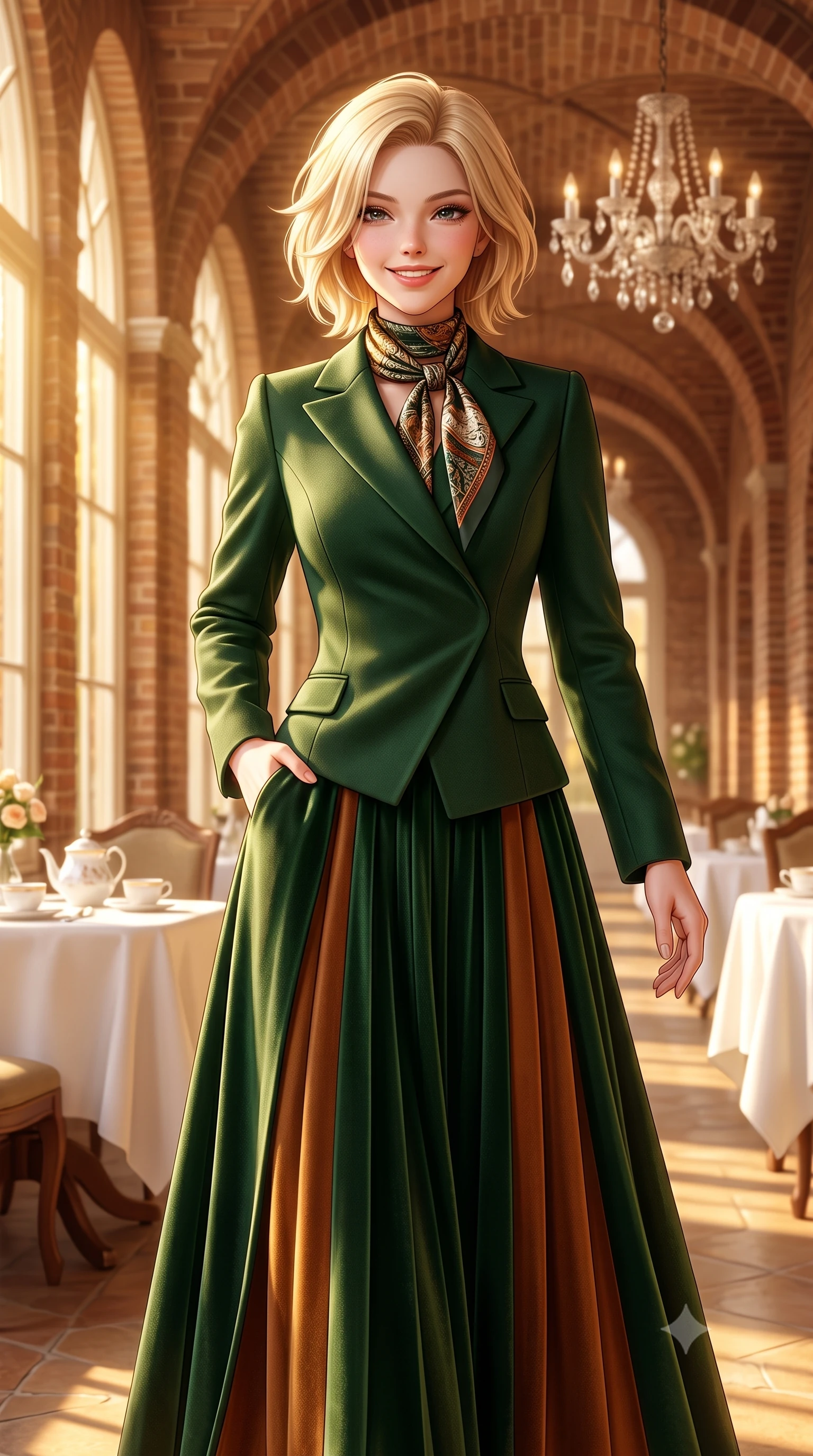 score_9, masterpiece, best quality, ultra-detailed, high-budget anime keyframe, semi-realistic 3D game render, editorial fashion photography, tasteful artistic composition, Caucasian woman. close-up cowboy shot from the waist and thighs up, the character dominates the composition, filling the frame with her large presence. standing poised with one hand slipped into her tailored trouser pocket, head tilted in a friendly, engaging expression while walking along the sunny brick arched gallery, her wool pleated skirt swaying in graceful cadence with each step. The background shows a soft-focus antique crystal chandelier and white linen tea tables softened in royal afternoon tea shallow focus. She has an exceptionally elegant, slender, and willowy female figure with an ultra-slim waist, flat toned midriff, narrow ribcage, and sculpted feminine hips creating an alluring, slim hourglass silhouette without bulk. sharp v-shaped jawline, high-bridge nose, intricate jewel-like sparkling eyes with depth, thick eyelashes, glossy parted lips with a natural peach sheen, bright cheerful beaming smile with an enchanting and coquettish sensual glint, exuding both youthful cute charm and seductive allure, flawlessly proportioned anatomical accuracy, strict slender model proportions, natural body alignment, perfectly sculpted long slender limbs, ultra-slim waistline, clean dynamic posture without body distortion. wearing an asymmetrical-wrap tailored wool jacket with clean geometric lines paired with a structured pleated maxi skirt in heritage British racing green and warm cognac brown, crafted from rich cotton velvet with deep light-absorbing pile and soft gradients, finished with a printed silk twilly scarf knotted gracefully around her neck, the bespoke architectural tailoring hugging her natural waistline with sartorial precision, creating a clean graceful hourglass silhouette with tall model elegance. bathed in warm 3200K autumn sunlight streaming through floor-to-ceiling arched south-facing conservatory windows. highly saturated vibrant anime colors, detailed shading with soft gradients, rich glossy textures, high-contrast stereoscopic depth, volumetric dynamic lighting, master piece, 9:16 ratio