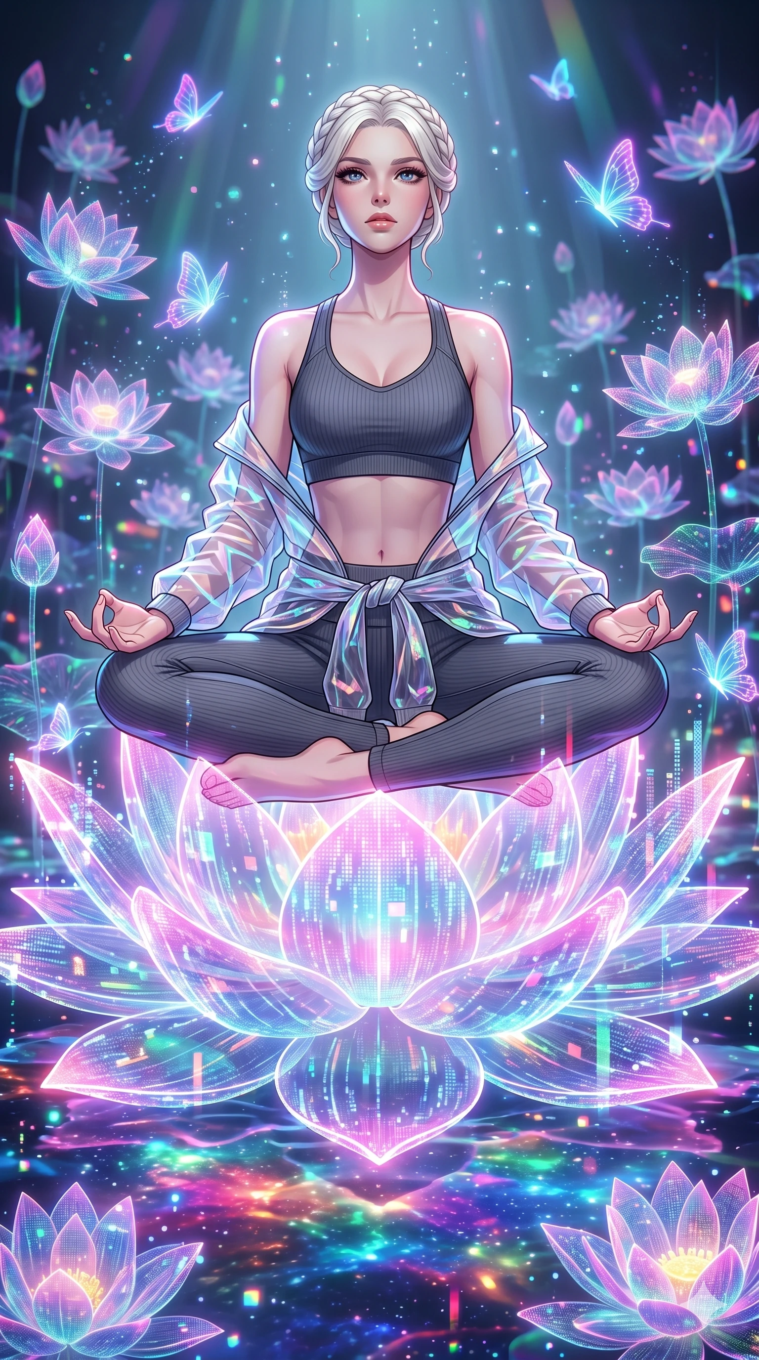 score_9, masterpiece, best quality, ultra-detailed, High-budget Anime Keyframe, vibrant colors, fluid line-art, expressive lighting, cinematic composition, Ufotable-style visual effects, top-tier animation quality, Caucasian woman with pale skin and refined features. Low angle cowboy shot filling the entire 9:16 frame with her statuesque presence, looking up to emphasize her height. Meditating atop a massive digital lotus blossom that floats on a pond of liquid light. She has an absolutely perfect 8-heads proportion, an exceptionally tall and slender female figure with impossibly long slender legs and an ultra-slim waist, her statuesque height and towering silhouette dominating the vertical 9:16 frame. Her face is a masterpiece featuring a sharp v-shaped jawline, high-bridge nose, intricate jewel-like eyes with depth, thick eyelashes, and glossy lips with a natural sheen. She is wearing a Premium ribbed leggings with a matching cross-back sports bra, semi-transparent windbreaker tied around the waist, and an exposed midriff.. The scene is set in a digital garden filled with holographic lotus flowers and neon butterflies. 2k, ultra detail, master piece, 9:16 ratio