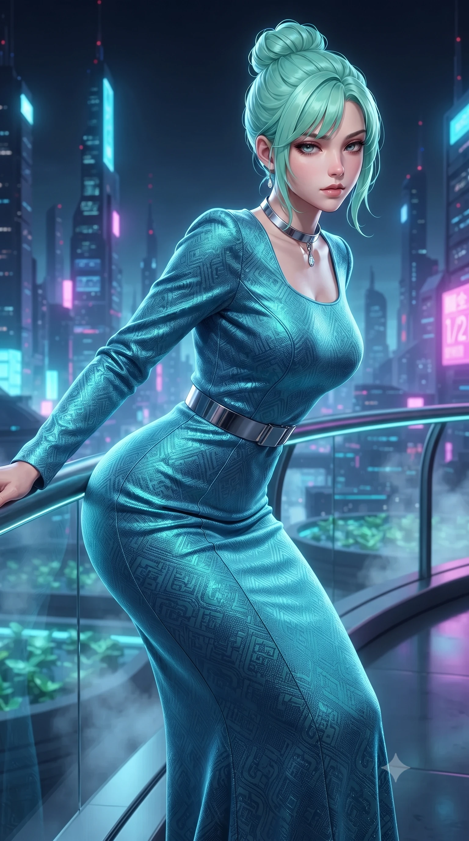 score_9, masterpiece, best quality, ultra-detailed, high-budget anime keyframe, editorial fashion photography, tasteful artistic composition, Japanese woman. close-up cowboy shot from the waist and thighs up, the character dominates the composition, filling the frame with her large presence. leaning forward while arching her lower back to accentuate her curvy hips, looking into the camera with an intoxicating smoldering gaze and bedroom-eyes while leaning against the curved panoramic titanium balustrade with hips cocked back, looking out over the neon-drenched spires of Neo-Tokyo with heavy-lidded smoldering bedroom-eyes. The background shows a soft-focus subtle mist vapor from hydroponic water beds softened in futuristic orbital biosphere shallow focus. She has an exceptionally elegant, slender, and willowy female figure with an ultra-slim waist, flat toned midriff, narrow ribcage, and sculpted feminine hips creating an alluring, slim hourglass silhouette without bulk. sharp v-shaped jawline, high-bridge nose, intricate jewel-like sparkling eyes with depth, thick eyelashes, glossy parted lips with a natural peach sheen, bright cheerful beaming smile with an enchanting and coquettish sensual glint, exuding both youthful cute charm and seductive allure, flawlessly proportioned anatomical accuracy, strict slender model proportions, natural body alignment, perfectly sculpted long slender limbs, ultra-slim waistline, clean dynamic posture without body distortion. wearing a refined long-sleeve cyber-velvet column gown with modest jewel neckline and metallic belt in Cheonggyecheon neon aqua and ultraviolet amethyst, woven from structured carbon-fiber jacquard with rich textural depth, finished with a minimalist chrome choker and a single teardrop diamond pendant, the impeccably tailored cut draping gracefully along her slender figure with aristocratic poise. illuminated by floor pool reflection bounce and sharp laser-cyan rim lights sculpting her razor-sharp jawline, narrow waist, and curvy hips. ultra-reflective glossy finish, specular highlights, rich textural contrasts, high-contrast stereoscopic depth, volumetric dynamic lighting, 2k, ultra detail, master piece, 9:16 ratio