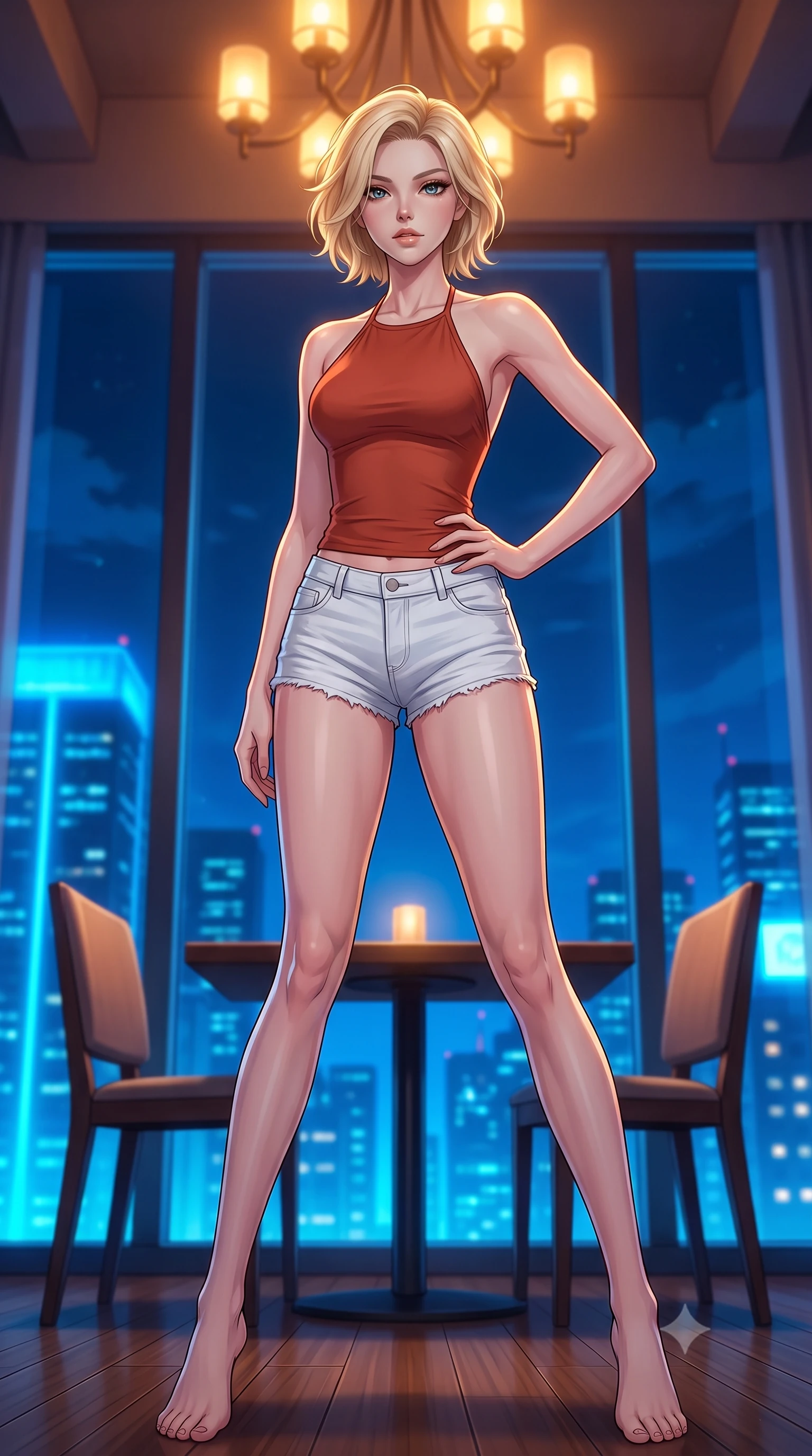 score_9, masterpiece, best quality, ultra-detailed, high-budget anime keyframe, tasteful artistic composition, Caucasian woman. low angle full-body shot from head to toe showing her feet, filling the entire 9:16 vertical frame with her statuesque presence, stretching her vertical silhouette. posing confidently with one hand on her hip, stretching her statuesque body to emphasize her curves the background shows a soft-focus an intimate dining nook in a high-rise loft facing floor-to-ceiling glass windows. She has an absolutely perfect, statuesque 8.5-heads proportion, an exceptionally tall and slender model-like female figure with impossibly long slender legs and an ultra-slim waist. sharp v-shaped jawline, high-bridge nose, intricate jewel-like eyes with depth, thick eyelashes, glossy lips with a natural sheen. wearing a slim-fit backless halter top in terracotta red, paired with white denim micro-shorts. warm amber lights from the chandelier contrasting with the neon blue city glow outside. highly saturated vibrant anime colors, cel-shading, 2d style, master piece, 9:16 ratio