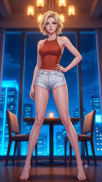 score_9, masterpiece, best quality, ultra-detailed, high-budget anime keyframe, tasteful artistic composition, Caucasian woman. low angle full-body shot from head to toe showing her feet, filling the entire 9:16 vertical frame with her statuesque pre