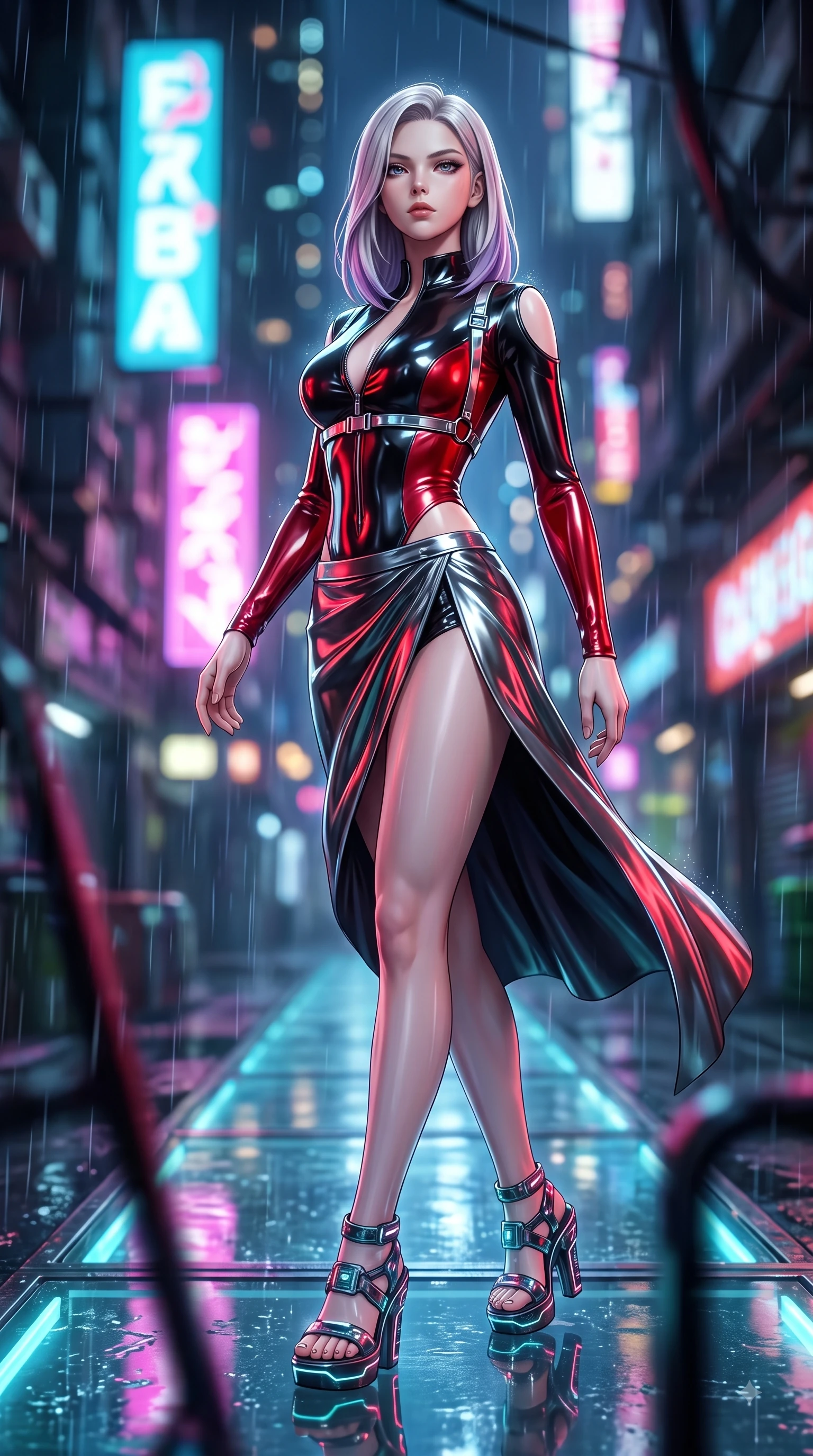 score_9, masterpiece, best quality, ultra-detailed, high-budget anime keyframe, semi-realistic 3D game render, editorial fashion photography, tasteful artistic composition, Caucasian woman. low angle full-body shot from head to toe showing her feet, filling the entire 9:16 vertical frame with her statuesque presence, stretching her vertical silhouette. arching her back in a fluid zero-gravity turn with sovereign grace, her long slender legs and sculpted torso creating a sweeping line while striding commanding down a glossy wet glass runway in a rain-drenched cyberpunk alley. The composition keeps background elements in soft focus with creamy bokeh. vibrant neon billboards and cascading rain droplets blurred into dazzling urban bokeh. She has an absolutely perfect, statuesque 8.5-heads proportion, an exceptionally tall and slender model-like female figure with impossibly long slender legs and an ultra-slim waist. sharp v-shaped jawline, high-bridge nose, intricate jewel-like eyes with depth, thick eyelashes, glossy lips with a natural sheen, flawlessly proportioned anatomical accuracy, natural body alignment, perfectly sculpted elegant limbs, clean dynamic posture without body distortion. wearing a form-fitting top made of molten liquid-mercury fabric that clings to her curves, with strategic tear-drop shoulder cutouts and a dangerously unzipped front collar in glossy obsidian black and radiant crimson red, made of liquid metal jersey that clings flawlessly to every contour of her build, reinforced by a sleek metallic chrome harness and delicate glowing micro-straps, the form-contouring second-skin material highlighting her ultra-slim waist and long lines. surrounded by a gritty, glamorous, and intensely cinematic cyberpunk noir atmosphere. highly saturated vibrant anime colors, detailed shading with soft gradients, rich glossy textures, high-contrast stereoscopic depth, volumetric dynamic lighting, master piece, 9:16 ratio