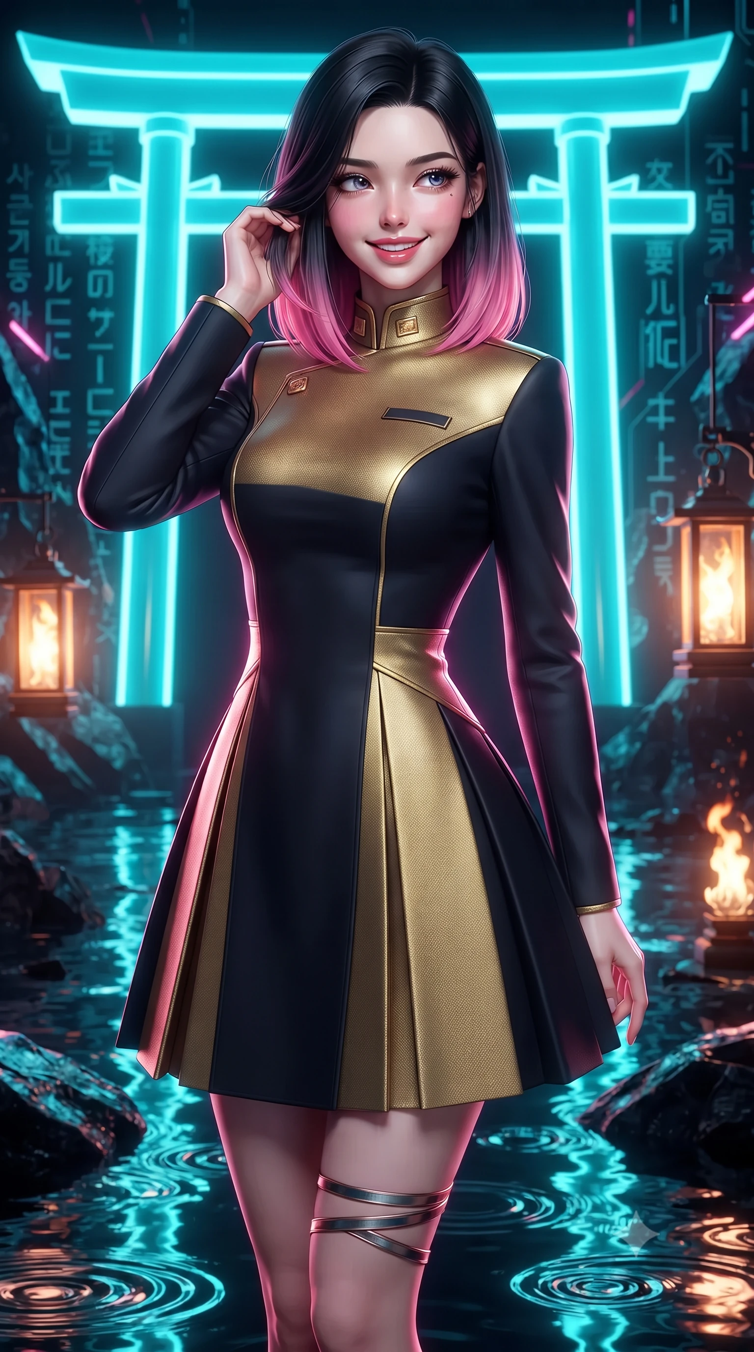 score_9, masterpiece, best quality, ultra-detailed, high-budget anime keyframe, editorial fashion photography, tasteful artistic composition, Korean woman. close-up cowboy shot from the waist and thighs up, the character dominates the composition, filling the frame with her large presence. gently brushing a lock of hair behind her ear while casting a playful, flirtatious side-gaze with long eyelashes while twisting her slender torso in an alluring S-curve between glowing ritual energy conduits, ambient magenta reflections tracing her flat midriff and hourglass curves. The surrounding environment is rendered in vivid detail and crisp panoramic clarity: sharp wet obsidian stone reflections, etched cybernetic circuit calligraphy, and rippling water ring caustics in deep focus. She has an exceptionally elegant, slender, and willowy female figure with an ultra-slim waist, flat toned midriff, narrow ribcage, and sculpted feminine hips creating an alluring, slim hourglass silhouette without bulk. sharp v-shaped jawline, high-bridge nose, intricate jewel-like sparkling eyes with depth, thick eyelashes, glossy parted lips with a natural peach sheen, bright cheerful beaming smile with an enchanting and coquettish sensual glint, exuding both youthful cute charm and seductive allure, flawlessly proportioned anatomical accuracy, strict slender model proportions, natural body alignment, perfectly sculpted long slender limbs, ultra-slim waistline, clean dynamic posture without body distortion. wearing a structured deep-space commander dress uniform with stand-up mandarin collar and pleated A-line skirt in singularity accretion gold and deep space void black, tailored from high-density tech-wool with subtle metallic thread weave, complemented by strappy stiletto sandals with metallic ankle wraps accentuating her slender calves, the bespoke structured tailoring following the natural line of her 8.5-heads silhouette with refined elegance. bathed in pulsing electric-cyan Torii neon combined with warm 2400K sacred oil lantern flames. ultra-reflective glossy finish, specular highlights, rich textural contrasts, high-contrast stereoscopic depth, volumetric dynamic lighting, 2k, ultra detail, master piece, 9:16 ratio