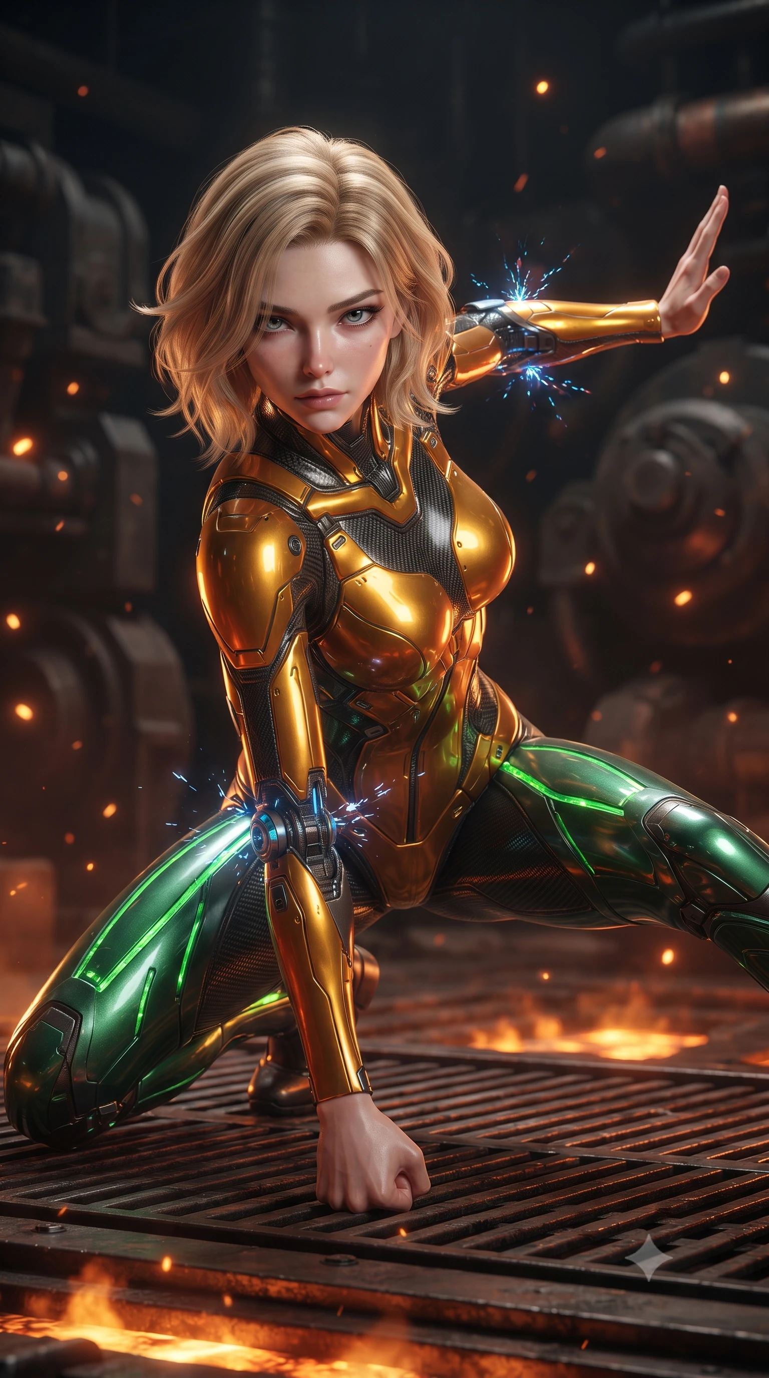 score_9, masterpiece, best quality, ultra-detailed, high-budget anime keyframe, editorial fashion photography, tasteful artistic composition, Caucasian woman. close-up cowboy shot from the waist and thighs up, the character dominates the composition, filling the frame with her large presence. twisting her upper body in a dynamic S-curve martial arts stance, cybernetic elbow dampers emitting subtle electric sparks as she aims a focused palm strike while landing in a low crouched stance with one fist planted on the metal grating, looking up with a dangerous, alluring smolder. The composition keeps background elements in soft focus with creamy bokeh. blazing thermal air ripples and sparks scattering glowing light motes across a dark industrial backdrop. She has an exceptionally elegant, slender, and willowy female figure with an ultra-slim waist, a gracefully sculpted slender torso, toned flat midriff, and a refined slim silhouette. sharp v-shaped jawline, high-bridge nose, intricate jewel-like eyes with depth, thick eyelashes, glossy lips with a natural sheen, flawlessly proportioned anatomical accuracy, strict slender model proportions, natural body alignment, perfectly sculpted long slender limbs, ultra-slim waistline, clean dynamic posture without body distortion. wearing a sculpted molten-gold and dark carbon cuirass paired with high-mobility combat leggings and kinetic energy channels in emerald green carbon composite with glowing lime laser channels, made of liquid carbon-jersey fabric adhering flawlessly to her sculpted silhouette, finished with high-mobility flexible limb seams and miniature magnetic armor locks, the sleek second-skin cut tightly hugging her graceful clavicle, narrow waist, and feminine curves with athletic precision. bathed in blazing orange magma uplights and warm amber reactor ambient radiance. ultra-reflective glossy finish, specular highlights, dark metallic sheen, high-contrast stereoscopic depth, volumetric dynamic lighting, 2k, ultra detail, master piece, 9:16 ratio
