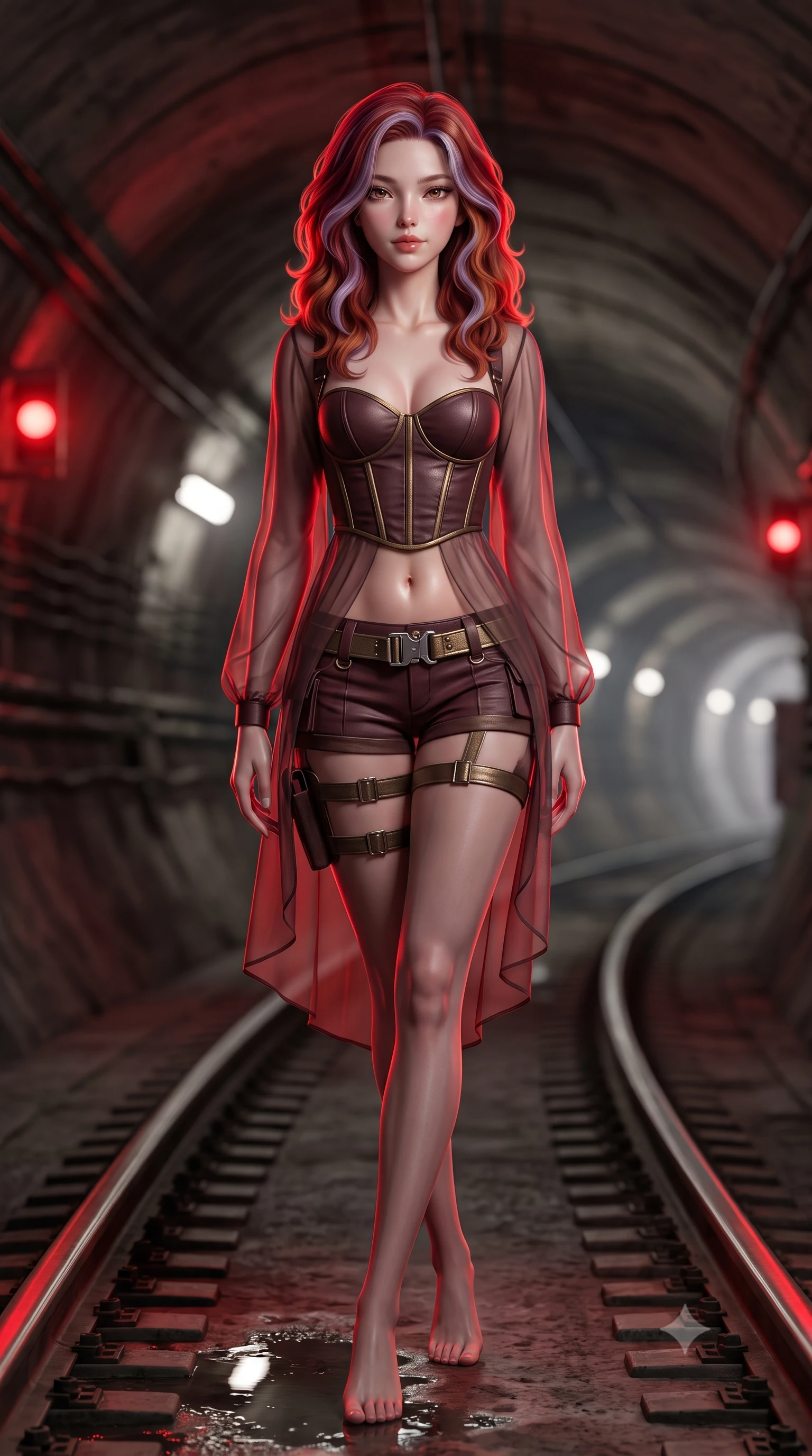 score_9, masterpiece, best quality, ultra-detailed, high-budget anime keyframe, semi-realistic 3D game render, editorial fashion photography, tasteful artistic composition, Caucasian woman. low angle full-body shot from head to toe showing her feet, filling the entire 9:16 vertical frame with her statuesque presence, stretching her vertical silhouette. lounging on the lavish daybed with legs crossed and hips angled toward the camera, displaying her toned midriff and long slender limbs with effortless siren poise while walking along the curved subway maintenance tracks, arching her back with predatory siren elegance as red emergency lights pulse. The background shows a soft-focus distant tunnel vanishing points softened in gritty underground shallow focus. She has an absolutely perfect, statuesque 8.5-heads proportion, an exceptionally tall and slender model-like female figure with impossibly long slender legs, an ultra-slim waist, a flat toned midriff, narrow delicate ribcage, and beautifully sculpted feminine hips creating a graceful, slim hourglass silhouette without any bulky heaviness. sharp v-shaped jawline, high-bridge nose, sparkling eyes with hypnotic seductive depth, thick curled eyelashes, glossy parted lips with a natural dewy peach sheen, alluring bedroom-eyes with an enchanting coquettish smile, exuding magnetic siren charisma and sophisticated glamour, flawlessly proportioned anatomical accuracy, strict slender model proportions, natural body alignment, perfectly sculpted long slender limbs, ultra-slim waistline, clean dynamic posture without body distortion. wearing a structured boned tactical leatherette corset bodice paired with low-rise cargo hot-pants and thigh holster straps in smoky bordeaux wine and gilded bronze, made of sheer gossamer chiffon that drapes softly against skin with airy translucence, accented with a quick-release tactical chrome buckle harness resting snugly across her hips, the high-slit wrap tailoring accentuating her ultra-slim waistline and the enchanting curve of her feminine hips with alluring seductive charm. illuminated by wet track puddle bounce and sharp deep-red rim lights sculpting her jawline, flat midriff, and voluptuous hip curves. highly saturated vibrant anime colors, detailed shading with soft gradients, rich glossy textures, high-contrast stereoscopic depth, volumetric dynamic lighting, master piece, 9:16 ratio