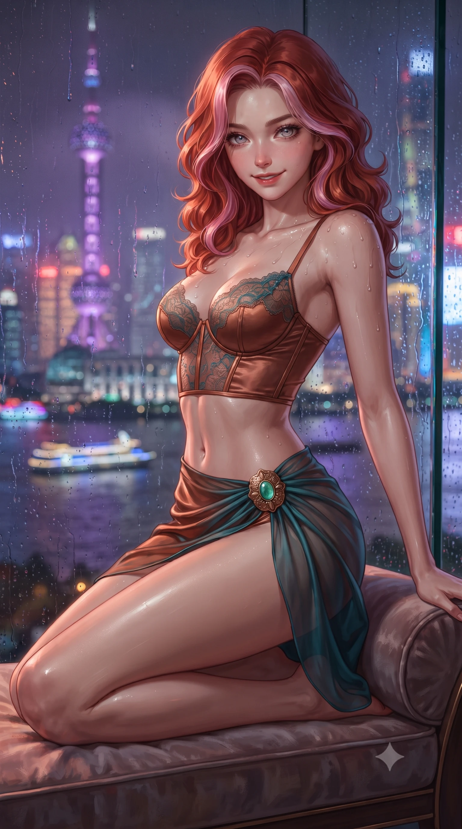 score_9, masterpiece, best quality, ultra-detailed, high-budget anime keyframe, editorial fashion photography, tasteful artistic composition, Caucasian woman. close-up cowboy shot from the waist and thighs up, the character dominates the composition, filling the frame with her large presence. perched sideways on the lounge seat, one knee drawn up to showcase her slender leg line while her arched back accentuates her feminine hip curve while twisting her slender torso in an alluring S-curve, countless neon city lights refracting through water streams onto her flat midriff and curvy hips. The background shows a soft-focus cascading rain rivulets on glass, misty halo around the Oriental Pearl Tower, and moving ferry boat lights on Huangpu River blurred into violet, apricot, and sapphire bokeh. She has an exceptionally elegant, slender, and willowy female figure with an ultra-slim waist, flat toned midriff, narrow ribcage, and sculpted feminine hips creating an alluring, slim hourglass silhouette without bulk. sharp v-shaped jawline, high-bridge nose, sparkling eyes with hypnotic seductive depth, thick curled eyelashes, glossy parted lips with a natural dewy peach sheen, alluring bedroom-eyes with an enchanting coquettish smile, exuding magnetic siren charisma and sophisticated glamour, flawlessly proportioned anatomical accuracy, strict slender model proportions, natural body alignment, perfectly sculpted long slender limbs, ultra-slim waistline, clean dynamic posture without body distortion. wearing a delicate French lace underwire bustier paired with a draped sheer chiffon wrap mini skirt and gold hip brooch in Moroccan mint green and hammered copper, crafted from fluid liquid silk satin that clings smoothly to every curve with a dewy sheen, finished with glistening drops of lagoon or spa water beading across her sculpted shoulders and collarbones, the second-skin tailored fabric adhering flawlessly to her sculpted flat midriff and slender torso, emphasizing her long leg lines and perfectly proportioned willowy build. bathed in dynamic shifting neon light transmitted through rain-streaked exterior glass panes. ultra-reflective glossy finish, specular highlights, rich textural contrasts, high-contrast stereoscopic depth, volumetric dynamic lighting, 2k, ultra detail, master piece, 9:16 ratio