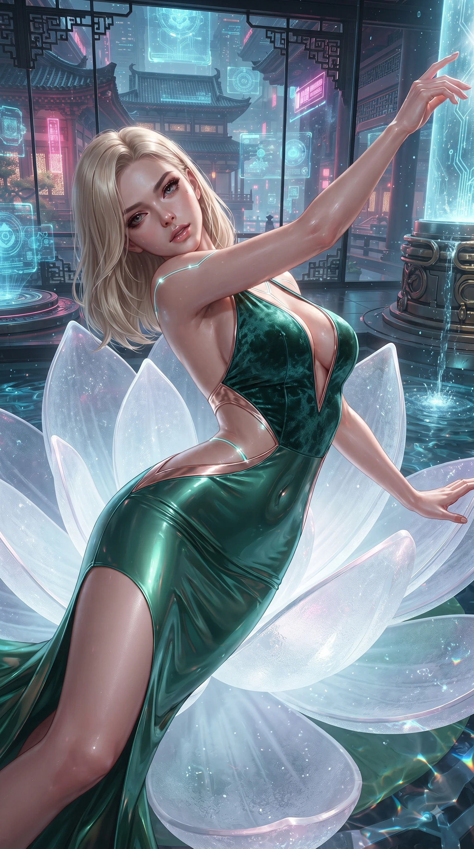 score_9, masterpiece, best quality, ultra-detailed, high-budget anime keyframe, editorial fashion photography, tasteful artistic composition, Caucasian woman. close-up cowboy shot from the waist and thighs up, the character dominates the composition, filling the frame with her large presence. extending one arm gracefully toward the light while her torso arches in a sleek, alluring curve with magnetic intensity while stretching forward with an alluring arch of her spine on an illuminated glass lotus petal. The surrounding environment is rendered in vivid detail and crisp panoramic clarity. rich oriental cyber-temple aesthetics captured with environmental clarity. She has an exceptionally elegant, slender, and willowy female figure with an ultra-slim waist, a gracefully sculpted slender torso, and a refined silhouette. sharp v-shaped jawline, high-bridge nose, intricate jewel-like eyes with depth, thick eyelashes, glossy lips with a natural sheen, flawlessly proportioned anatomical accuracy, natural body alignment, perfectly sculpted elegant limbs, clean dynamic posture without body distortion. wearing a backless crushed velvet gown with a deep V-neckline, strategic hip cutouts, and an ultra-high thigh slit in emerald green and metallic rose gold trim, crafted from ultra-reflective second-skin latex with a glass-like polish, accented with glowing fiber-optic seams tracing her collarbones and hip curves, the form-contouring second-skin material highlighting her ultra-slim waist and long lines. bathed in pure crystal petal illumination and sparkling aquatic refractions. ultra-reflective glossy finish, specular highlights, metallic sheen, high-contrast stereoscopic depth, volumetric dynamic lighting, 2k, ultra detail, master piece, 9:16 ratio
