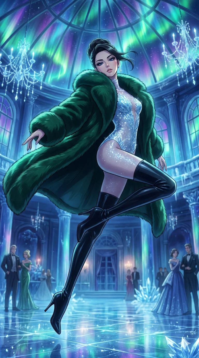 score_9, masterpiece, best quality, ultra-detailed, high-budget anime movie keyframe, cinematic anime lighting, intricate line art, Japanese woman. Low angle cowboy shot filling the entire 9:16 frame with her statuesque presence. leaping gracefully in a frozen starlight ballroom amidst aurora borealis. She has an absolutely perfect 8-heads proportion, an exceptionally tall and slender female figure with an ultra-slim waist and impossibly long slender legs. sharp v-shaped jawline, high-bridge nose, intricate jewel-like eyes, thick eyelashes, glossy lips. Wearing seasonal winter-couture featuring a plush oversized faux-fur coat worn over a skin-tight crystalline leotard and thigh-high stiletto boots. The scene is illuminated by dramatic atmospheric lighting and vibrant color palettes. , 2k, ultra detail, master piece, 9:16 ratio