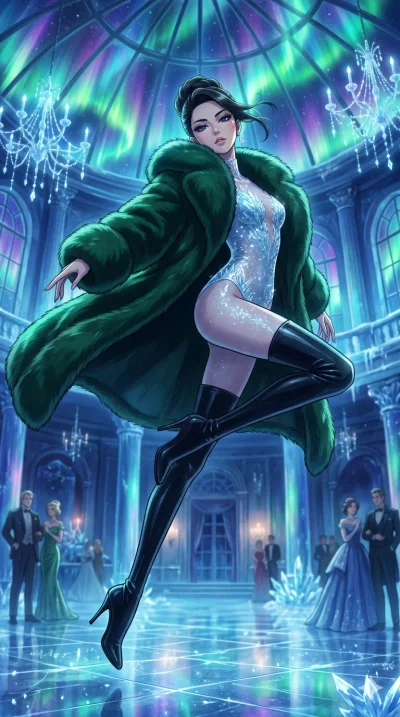 score_9, masterpiece, best quality, ultra-detailed, high-budget anime movie keyframe, cinematic anime lighting, intricate line art, Japanese woman. Low angle cowboy shot filling the entire 9:16 frame with her statuesque presence. leaping gracefully i