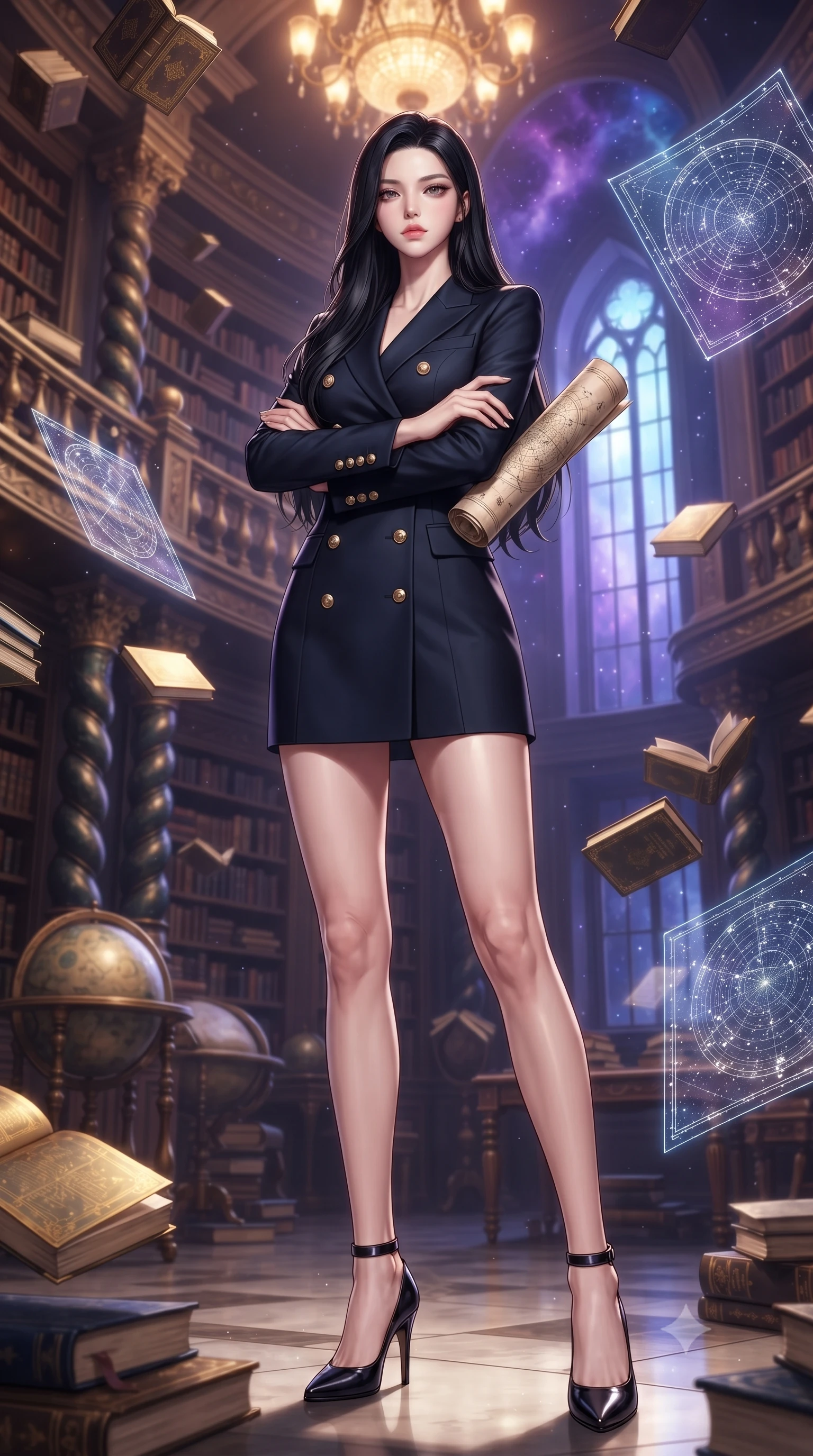 score_9, masterpiece, best quality, ultra-detailed, high-budget anime keyframe, editorial fashion photography, tasteful artistic composition, Korean woman woman. low angle full-body shot from head to toe showing her feet, filling the entire 9:16 vertical frame with her statuesque presence, stretching her vertical silhouette. She has an absolutely perfect, statuesque 8.5-heads proportion, an exceptionally tall and slender model-like female figure with impossibly long slender legs and an ultra-slim waist. standing victorious in a commanding statuesque pose, filling the frame with her slender presence, flawlessly proportioned anatomical accuracy, natural body alignment, perfectly sculpted elegant limbs, clean dynamic posture without body distortion. set against a soft-focus background of a grand baroque library with floating golden books and star charts. wearing a sophisticated navy double-breasted blazer dress with gold button accents. bathed in warm ambient chandelier glow contrasting with deep space nebula purple light. ultra-reflective glossy finish, specular highlights, metallic sheen, high-contrast stereoscopic depth, volumetric dynamic lighting, 2k, ultra detail, master piece, 9:16 ratio