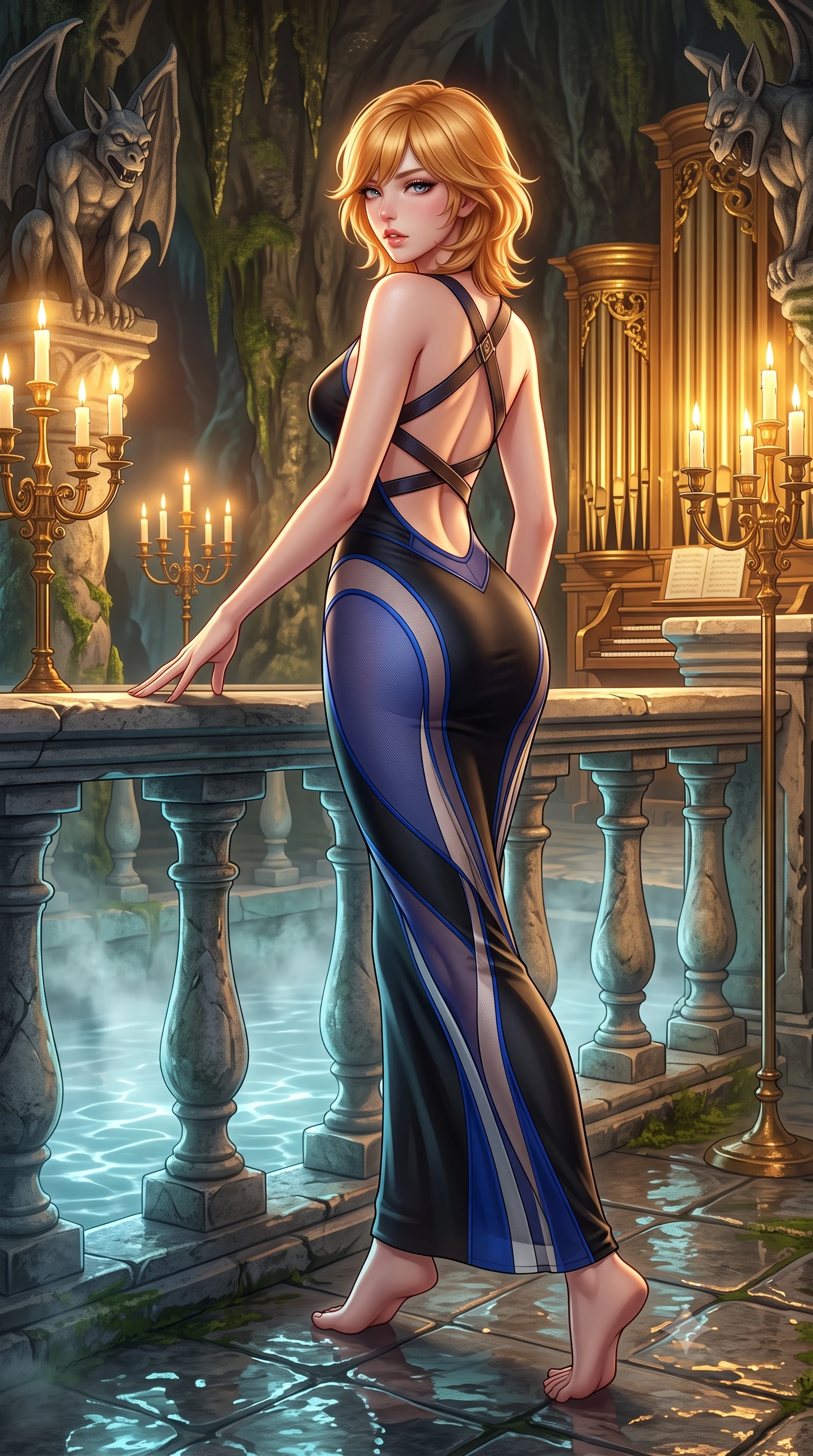 score_9, masterpiece, best quality, ultra-detailed, high-budget anime keyframe, semi-realistic 3D game render, editorial fashion photography, tasteful artistic composition, Korean woman. low angle full-body shot from head to toe showing her feet, filling the entire 9:16 vertical frame with her statuesque presence, stretching her vertical silhouette. striding forward in a proud supermodel runway stride, hips swaying in an alluring kinetic rhythm that accentuates her curvy hourglass silhouette while resting one hand on the cold stone balustrade above the mist-veiled subterranean pool, lower back arched to emphasize her sculpted feminine hips. The surrounding environment is rendered in vivid detail and crisp panoramic clarity. sharp carved gothic gargoyle textures, gilded organ pipe polish, and wet cavern flagstones in deep focus. She has an exceptionally tall and slender model-like 8.5-heads proportion, an ultra-slim waist, a flat toned midriff, narrow delicate ribcage, and beautifully sculpted feminine hips creating a graceful, slim hourglass silhouette without any bulky heaviness, with impossibly long slender legs. sharp v-shaped jawline, high-bridge nose, intricate jewel-like eyes with depth, thick eyelashes, glossy parted lips with a natural sheen, intensely captivating and seductive bedroom-eyes expression, flawlessly proportioned anatomical accuracy, strict slender model proportions, natural body alignment, perfectly sculpted long slender limbs, ultra-slim waistline, clean dynamic posture without body distortion. wearing a second-skin black silk jersey maxi dress with asymmetrical sheer mesh side panels tracing the full curve of her hip in royal sapphire blue and brushed platinum, tailored from liquid silk jersey adhering flawlessly to her slender build, featuring an open-back criss-cross harness strap in dark leather, the form-contouring material adhering flawlessly to her sculpted flat midriff and slender torso, emphasizing her long leg lines and perfectly proportioned willowy build. bathed in warm golden candelabra flicker from all sides and soft subterranean lake water reflections. highly saturated vibrant anime colors, detailed shading with soft gradients, rich glossy textures, high-contrast stereoscopic depth, volumetric dynamic lighting, master piece, 9:16 ratio