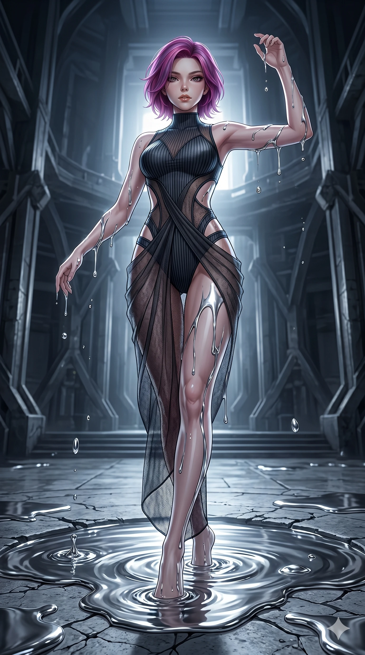 score_9, masterpiece, best quality, ultra-detailed, High-budget Anime Keyframe, East Asian woman. Dynamic full-body shot stretching the vertical silhouette to the limit. Scenario 194: Rising from a pool of mercury-like liquid, droplets rolling off her skin. Her presence is magnetic and overpowering in this high-budget anime scene. Outfit 194: A ribbed bodycon knit micro-mesh with a strategic side cut-outs and translucent layers. The clothing is designed to emphasize her exceptionally tall and slender 8-heads proportion. 8-heads proportion, towering silhouette, ultra-slim waist. sharp v-shaped jawline, intricate jewel-like eyes with depth, thick eyelashes, glossy lips. 2k, ultra detail, master piece, 9:16 ratio