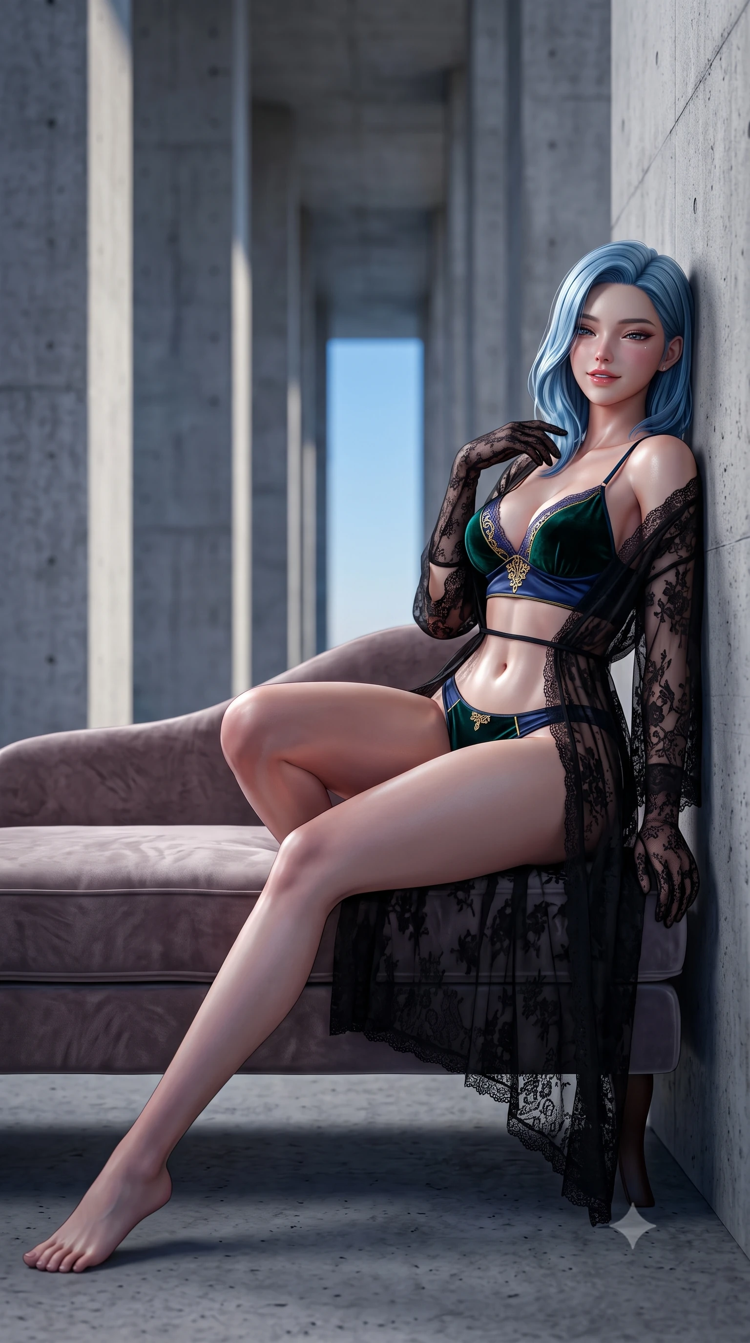 score_9, masterpiece, best quality, ultra-detailed, high-budget anime keyframe, semi-realistic 3D game render, editorial fashion photography, tasteful artistic composition, Korean woman. low angle full-body shot from head to toe showing her feet, filling the entire 9:16 vertical frame with her statuesque presence, stretching her vertical silhouette. reclining gracefully across the plush chaise lounge with one leg extended, her sculpted silhouette and flat midriff radiating magnetic nocturnal glamour while leaning back against the raw textured concrete wall with hips cocked back, casting a smoldering, heavy-lidded smile. The background shows a soft-focus colossal raw concrete pillars receding into geometric perspective and clear blue sky blurred into cool slate, bone, and sapphire bokeh. She has an absolutely perfect, statuesque 8.5-heads proportion, an exceptionally tall and slender model-like female figure with impossibly long slender legs, an ultra-slim waist, a flat toned midriff, narrow delicate ribcage, and beautifully sculpted feminine hips creating a graceful, slim hourglass silhouette without any bulky heaviness. sharp v-shaped jawline, high-bridge nose, sparkling eyes with hypnotic seductive depth, thick curled eyelashes, glossy parted lips with a natural dewy peach sheen, alluring bedroom-eyes with an enchanting coquettish smile, exuding magnetic siren charisma and sophisticated glamour, flawlessly proportioned anatomical accuracy, strict slender model proportions, natural body alignment, perfectly sculpted long slender limbs, ultra-slim waistline, clean dynamic posture without body distortion. wearing a delicate semi-sheer black Chantilly lace boudoir robe worn loose and slipping off bare shoulders over a matching satin bralette in deep emerald velvet and dark sapphire with gold filigree, crafted from fluid liquid silk satin that clings smoothly to every curve with a dewy sheen, complemented by sheer opera-length lace evening gloves tracing her slender arms, the glove-like clinging cut tightly following the natural contour of her hips and long slender legs with youthful 8.5-heads elegance. illuminated by concrete bounce fill and sharp platinum-white rim lights sculpting her jawline, flat midriff, and curvaceous hips. highly saturated vibrant anime colors, detailed shading with soft gradients, rich glossy textures, high-contrast stereoscopic depth, volumetric dynamic lighting, master piece, 9:16 ratio