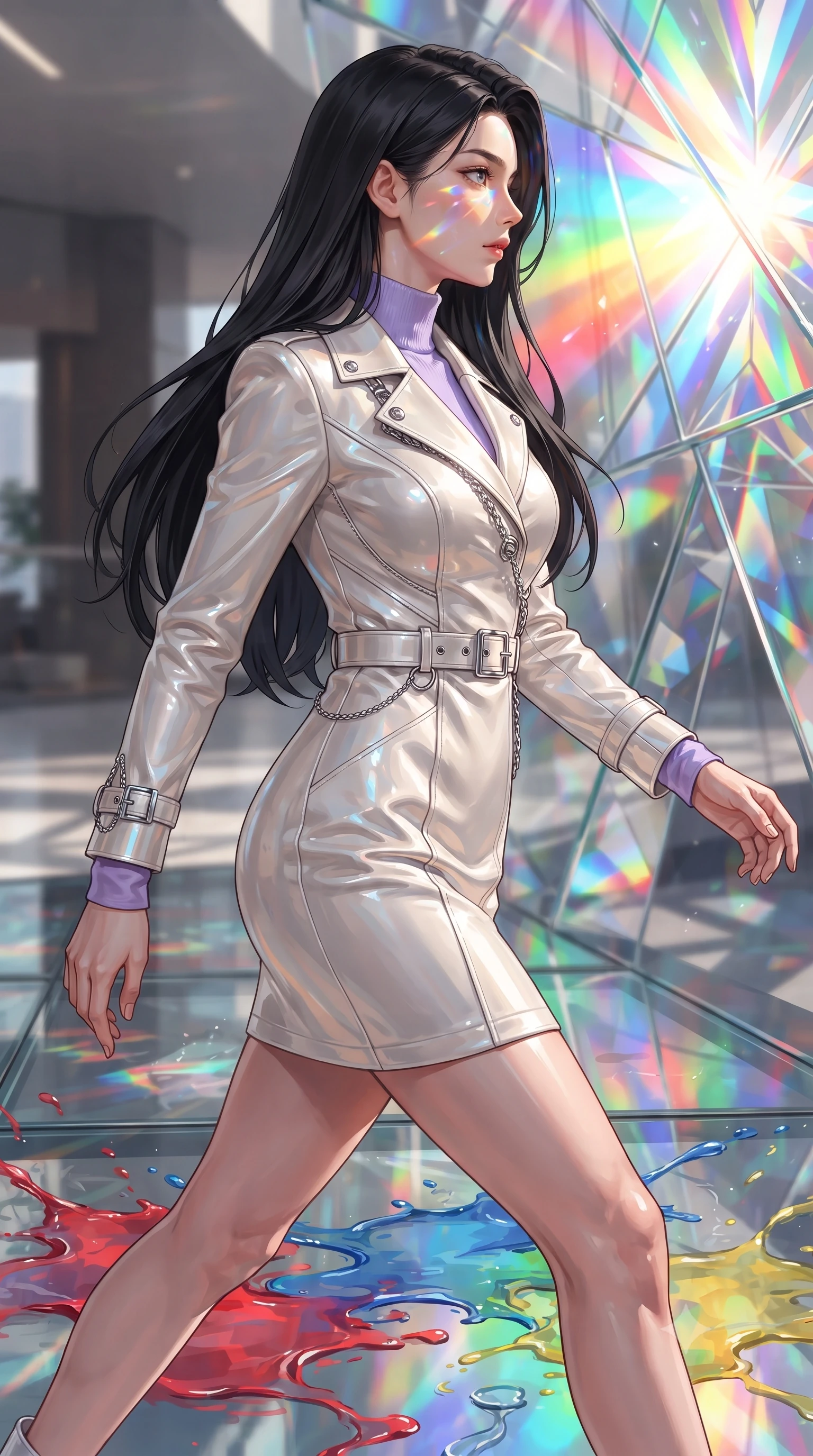 score_9, masterpiece, best quality, ultra-detailed, high-budget anime keyframe, editorial fashion photography, tasteful artistic composition, Korean woman. close-up cowboy shot from the waist and thighs up, the character dominates the composition, filling the frame with her large presence, background elements kept in soft focus. Turning her face in sharp dramatic profile against the radiant light, stepping across a reflective glass floor drenched in vibrant fluid splashes, a kaleidoscope of refractions forming geometric light patterns on her skin. She has an exceptionally elegant, slender, and willowy female figure with an ultra-slim waist, a gracefully sculpted slender torso, and a refined silhouette. sharp v-shaped jawline, high-bridge nose, intricate jewel-like eyes with depth, thick eyelashes, glossy lips with a natural sheen. wearing structured pearl-white trench dress over sleek turtleneck in pastel lavender violet, made of polished ivory leather, framed by polished silver buckles and delicate chain details, sculpting her athletic slender build with refined precision. illuminated by brilliant multi-color rainbow light refracting through glass. ultra-reflective glossy finish, specular highlights, metallic sheen, high-contrast stereoscopic depth, volumetric dynamic lighting, 2k, ultra detail, master piece, 9:16 ratio