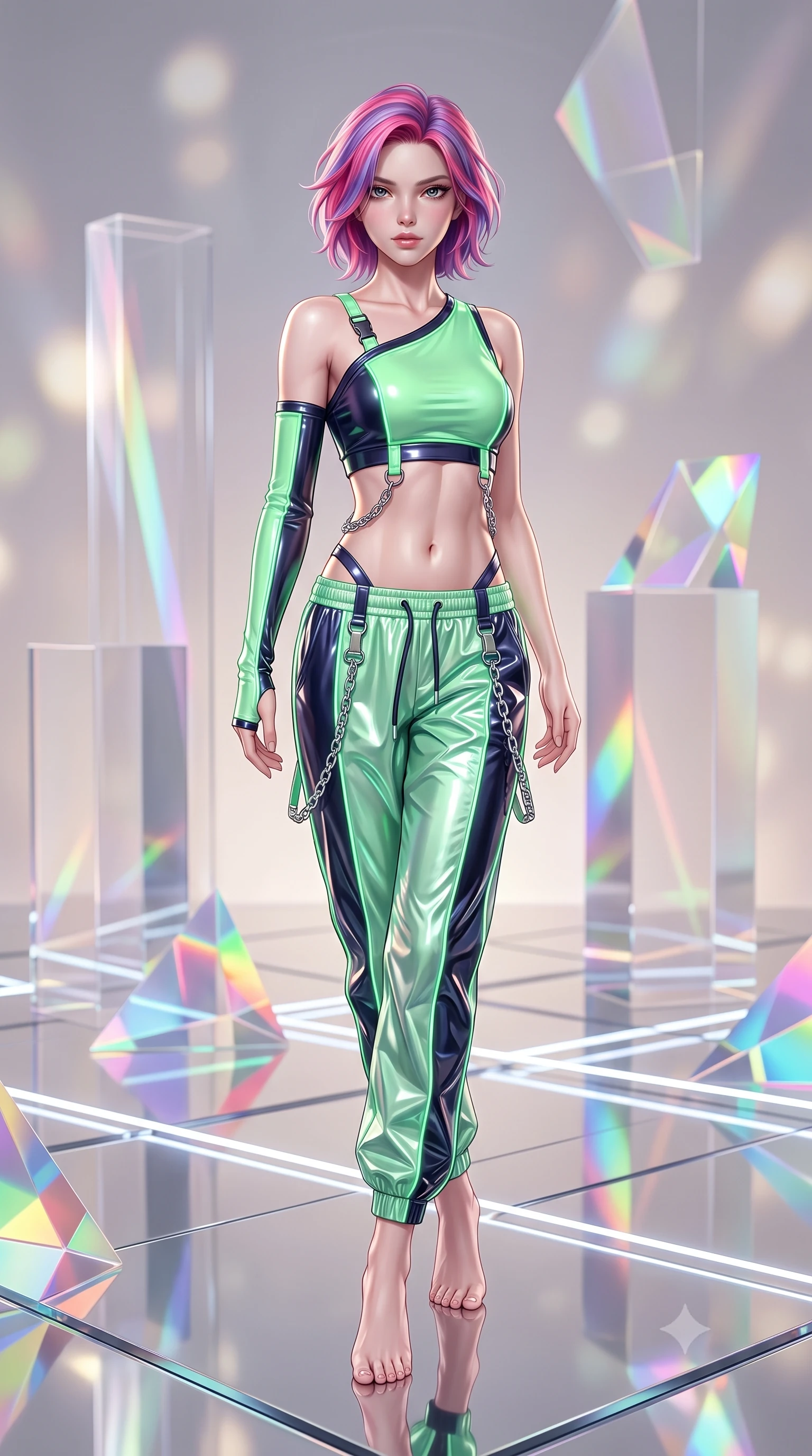 score_9, masterpiece, best quality, ultra-detailed, high-budget anime keyframe, semi-realistic 3D game render, editorial fashion photography, tasteful artistic composition, Caucasian woman. low angle full-body shot from head to toe showing her feet, filling the entire 9:16 vertical frame with her statuesque presence, stretching her vertical silhouette. pivoting dynamically with supreme athletic balance and poise, her impossibly long slender legs creating a breathtaking line while pivoting gracefully on a mirrored floor as infinite reflections of light and color surround her slender frame. The composition keeps background elements in soft focus with creamy bokeh. translucent acrylic art installations and geometric light prisms softened in dreamy shallow focus. She has an absolutely perfect, statuesque 8.5-heads proportion, an exceptionally tall and slender model-like female figure with impossibly long slender legs, a toned flat midriff, and an ultra-slim waist. sharp v-shaped jawline, high-bridge nose, intricate jewel-like eyes with depth, thick eyelashes, glossy lips with a natural sheen, captivating and magnetic expression, flawlessly proportioned anatomical accuracy, strict slender model proportions, natural body alignment, perfectly sculpted long slender limbs, ultra-slim waistline, clean dynamic posture without body distortion. wearing a sporty asymmetrical sleeve-warmer crop top with low-slung metallic parachute track pants in neon mint green and dark obsidian, made of semi-translucent cybernetic vinyl with glowing micro-filaments, accented with hanging industrial clip straps and chrome chain links, the sleek tailored cut tightly hugging her graceful clavicle, narrow waist, and feminine curves with statuesque precision. illuminated by clean geometric specular highlights tracing her sculpted torso and legs. highly saturated vibrant anime colors, detailed shading with soft gradients, rich glossy textures, high-contrast stereoscopic depth, volumetric dynamic lighting, master piece, 9:16 ratio