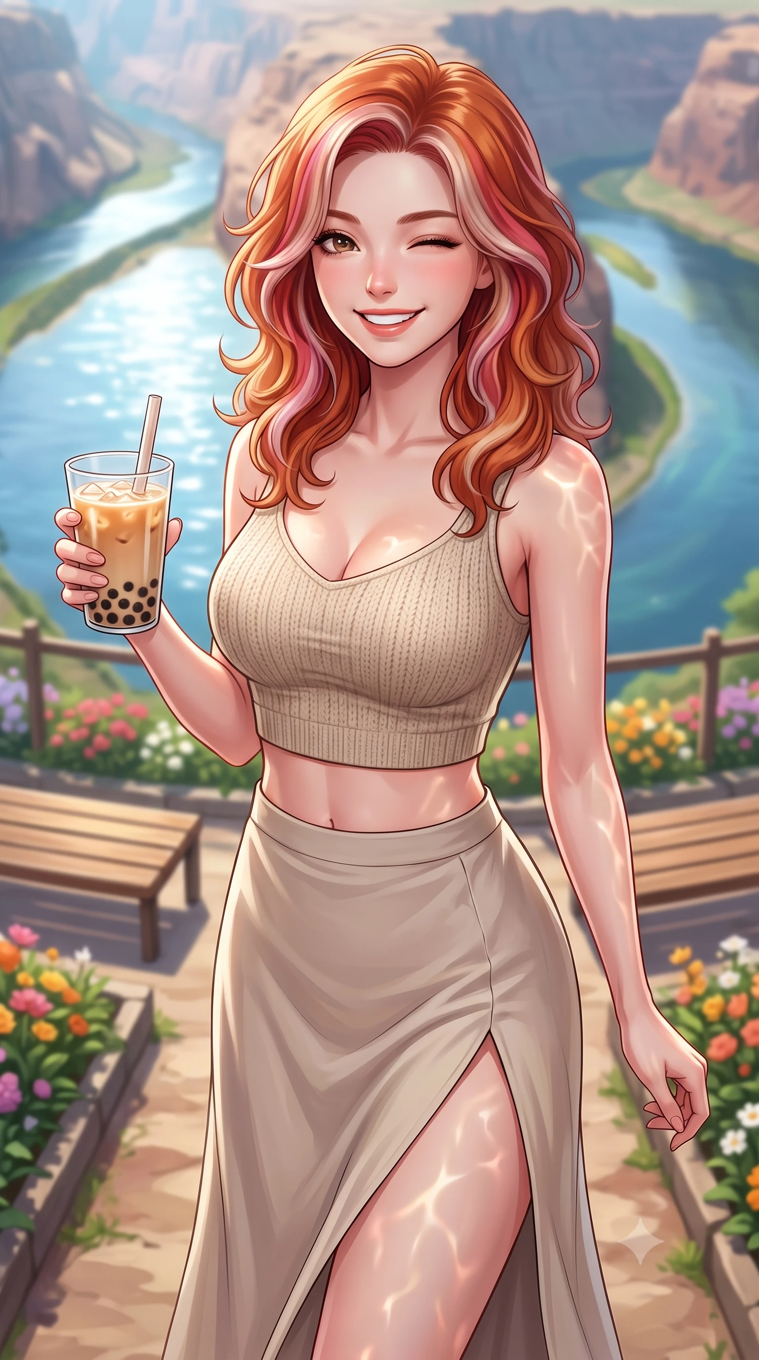 score_9, masterpiece, best quality, ultra-detailed, high-budget anime keyframe, editorial fashion photography, tasteful artistic composition, Caucasian woman. close-up cowboy shot from the waist and thighs up, the character dominates the composition, filling the frame with her large presence, background elements kept in soft focus. smiling brightly with a cheerful expression, winking playfully at the viewer set against a soft-focus background of at a scenic river bend overlook with wooden benches and flower beds holding a glass of iced bubble tea with a cheerful expression. She has an exceptionally elegant, slender, and willowy female figure with an ultra-slim waist, a gracefully sculpted slender torso, and a refined silhouette. sharp v-shaped jawline, high-bridge nose, intricate jewel-like eyes with depth, thick eyelashes, glossy lips with a natural sheen. wearing form-contouring crop top in oatmeal knit paired with a flowy midi skirt featuring a high side slit. bright daylight reflecting off the water, casting shifting ripples on her skin. highly saturated vibrant anime colors, detailed shading with soft gradients, rich glossy textures, high-contrast stereoscopic depth, volumetric dynamic lighting, master piece, 9:16 ratio