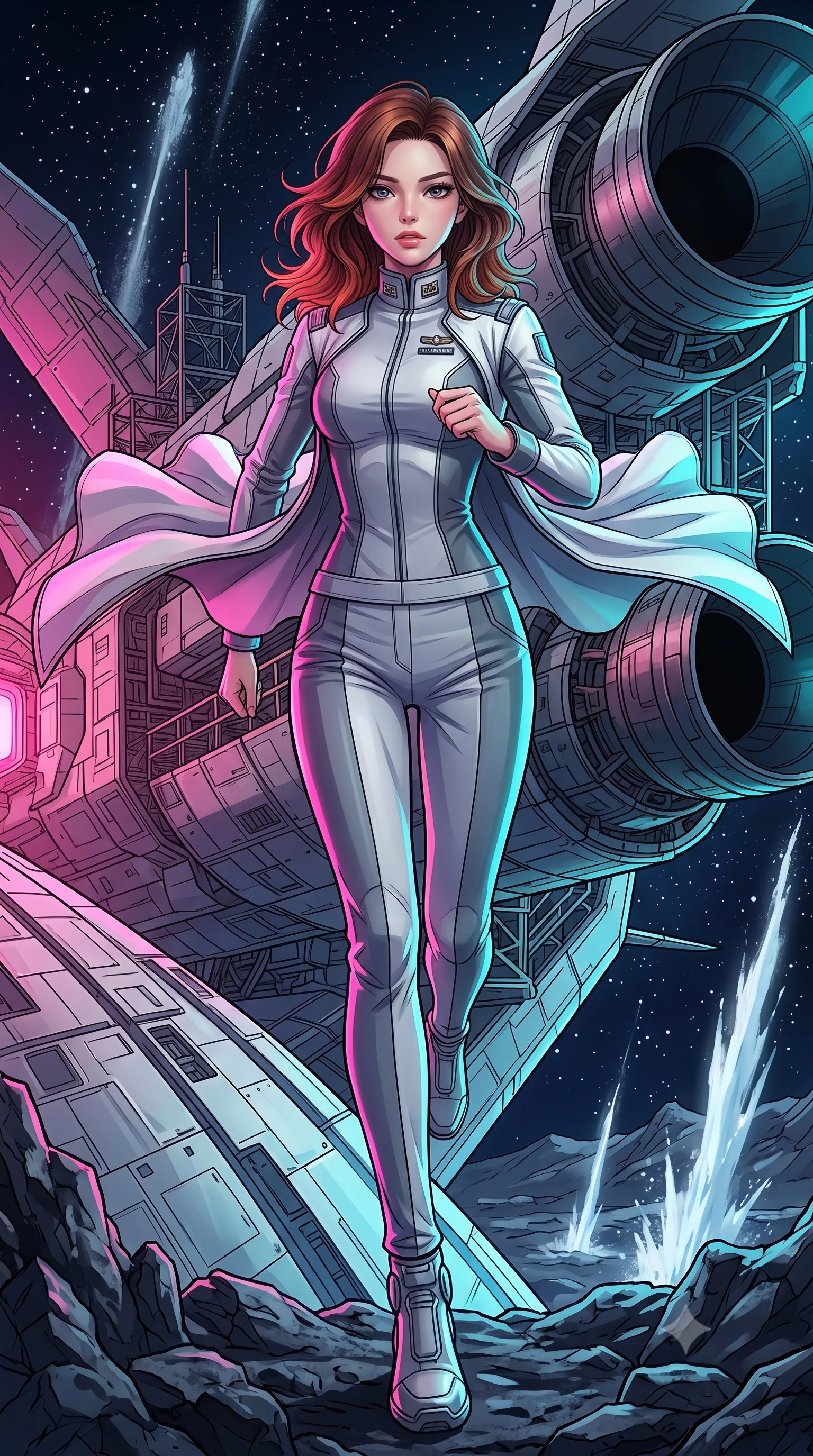 score_9, masterpiece, best quality, ultra-detailed, high-budget anime keyframe, editorial fashion photography, tasteful artistic composition, Korean woman. low angle full-body shot from head to toe showing her feet, filling the entire 9:16 vertical frame with her statuesque presence, stretching her vertical silhouette. running along the outer hull of a giant starship in zero gravity, magnetic boots clinging to a dark rocky moon with geysers shooting frozen methane crystals high into a star-filled sky. She has a statuesque 8.5-heads proportion, an exceptionally tall, slender and willowy model-like build with impossibly long legs and a highly sculpted ultra-slim waist. sharp v-shaped jawline, high-bridge nose, intricate jewel-like eyes with depth, thick eyelashes, glossy lips with a natural sheen. wearing the lightweight fabric rippling and billowing dramatically with her movement, a body-hugging orbital colony command uniform in dark grey and white paneling, featuring a high collar with rank pins and matching tailored trousers. highly saturated vibrant anime colors, intense vivid color palette, soft 3D volumetric shading, volumetric dynamic lighting, dual-tone lighting with hot magenta from the left and cool cyan from the right. 2k, ultra detail, master piece, 9:16 ratio