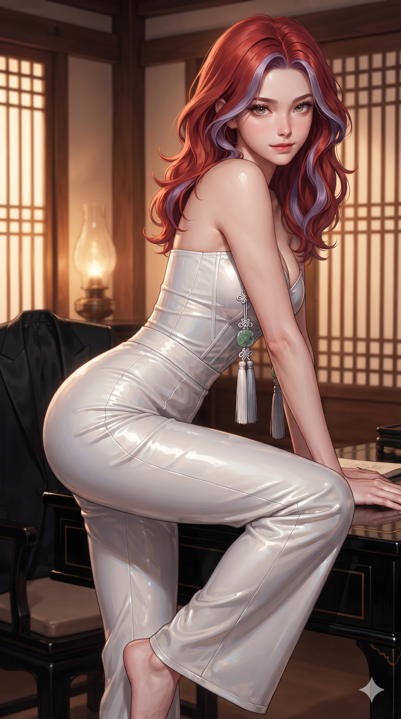 score_9, masterpiece, best quality, ultra-detailed, high-budget anime keyframe, editorial fashion photography, tasteful artistic composition, Caucasian woman. close-up cowboy shot from the waist and thighs up, the character dominates the composition, filling the frame with her large presence. leaning forward while arching her lower back to accentuate her curvy hips, looking into the camera with an intoxicating smoldering gaze and bedroom-eyes while perched sideways on the low black lacquer writing desk, one knee drawn up to showcase her slender leg line while her arched back accentuates her curves. The surrounding environment is rendered in vivid detail and crisp panoramic clarity: detailed tailored onyx tux dress drape, fine silk lapel sheen, and traditional woodwork in razor-sharp precision. She has an exceptionally elegant, slender, and willowy female figure with an ultra-slim waist, flat toned midriff, narrow ribcage, and sculpted feminine hips creating an alluring, slim hourglass silhouette without bulk. sharp v-shaped jawline, high-bridge nose, sparkling eyes with hypnotic seductive depth, thick curled eyelashes, glossy parted lips with a natural dewy peach sheen, alluring bedroom-eyes with an enchanting coquettish smile, exuding magnetic siren charisma and sophisticated glamour, flawlessly proportioned anatomical accuracy, strict slender model proportions, natural body alignment, perfectly sculpted long slender limbs, ultra-slim waistline, clean dynamic posture without body distortion. wearing a modern strapless boned hanbok bustier with traditional norigae tassel accents paired with high-waisted wide-leg silk trousers in celestial pearl white and moonlight platinum, crafted from wet-look high-gloss vinyl fabric with dazzling specular surface reflections, finished with authentic carved jade pendants and traditional norigae knots, the glove-like clinging cut tightly following the natural contour of her hips and long slender legs with youthful 8.5-heads elegance. bathed in soft diffuse light filtering through paper shoji screens and warm oil lamp glow. ultra-reflective glossy finish, specular highlights, rich textural contrasts, high-contrast stereoscopic depth, volumetric dynamic lighting, 2k, ultra detail, master piece, 9:16 ratio