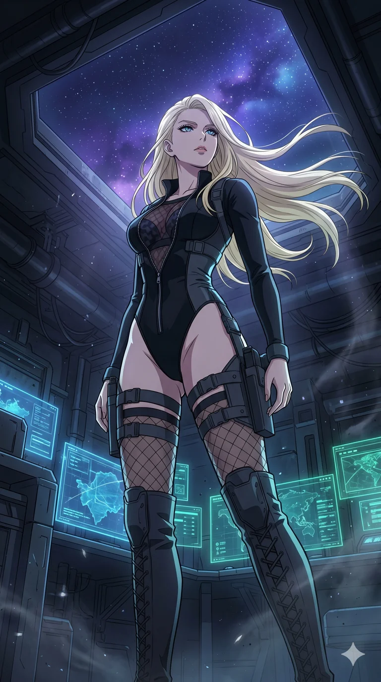 score_9, masterpiece, best quality, ultra-detailed, High-budget Anime Keyframe, vibrant colors, fluid line-art, expressive lighting, cinematic composition, Ufotable-style visual effects, top-tier animation quality, Caucasian woman with pale skin, blonde hair, and (strictly human ears). Dramatic low angle looking up at her majestic stature, dominating the vertical space of the composition. Listening to the ancient whispers of the wind on a high mountain peak, her hair and outfit flowing in the breeze. She has an absolutely perfect 8-heads proportion, an exceptionally tall and slender female figure with impossibly long slender legs and an ultra-slim waist, her statuesque height and towering silhouette dominating the vertical 9:16 frame. Her face is a masterpiece featuring a sharp v-shaped jawline, high-bridge nose, intricate jewel-like eyes with depth, thick eyelashes, and glossy lips with a natural sheen. She is wearing a Sleek tactical leotard with thigh-high holsters, unzipped deeply to show her midriff crafted from Obsidian-glass scales that shimmer with a dark, crystalline brilliance, accompanied by sensual fishnet stockings and thigh-high metallic boots. The scene is set in an underground rebel bunker with flickering holographic screens and tactical maps, illuminated by flickering starlight and nebula glow providing a mystical and vast ambiance. 2k, ultra detail, master piece, 9:16 ratio